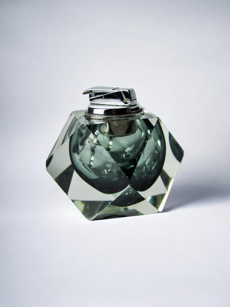 Black Sommerso Lighter by Seguso, Murano, Italy, 1970's — close-up of glass body with chrome top