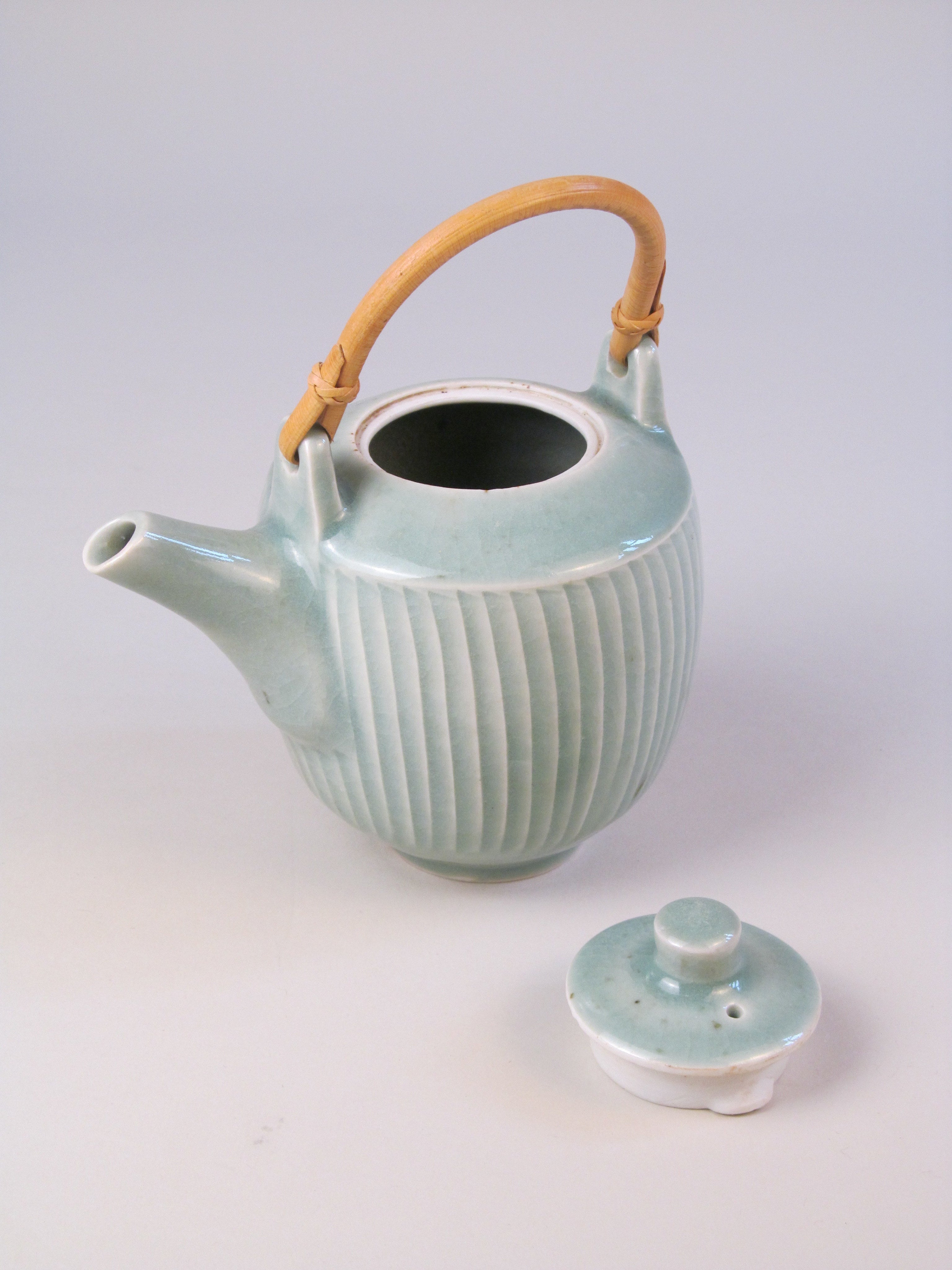 David Leach (1911-2005) Celadon Ribbed Teapot — top view highlighting ribbed ceramic design