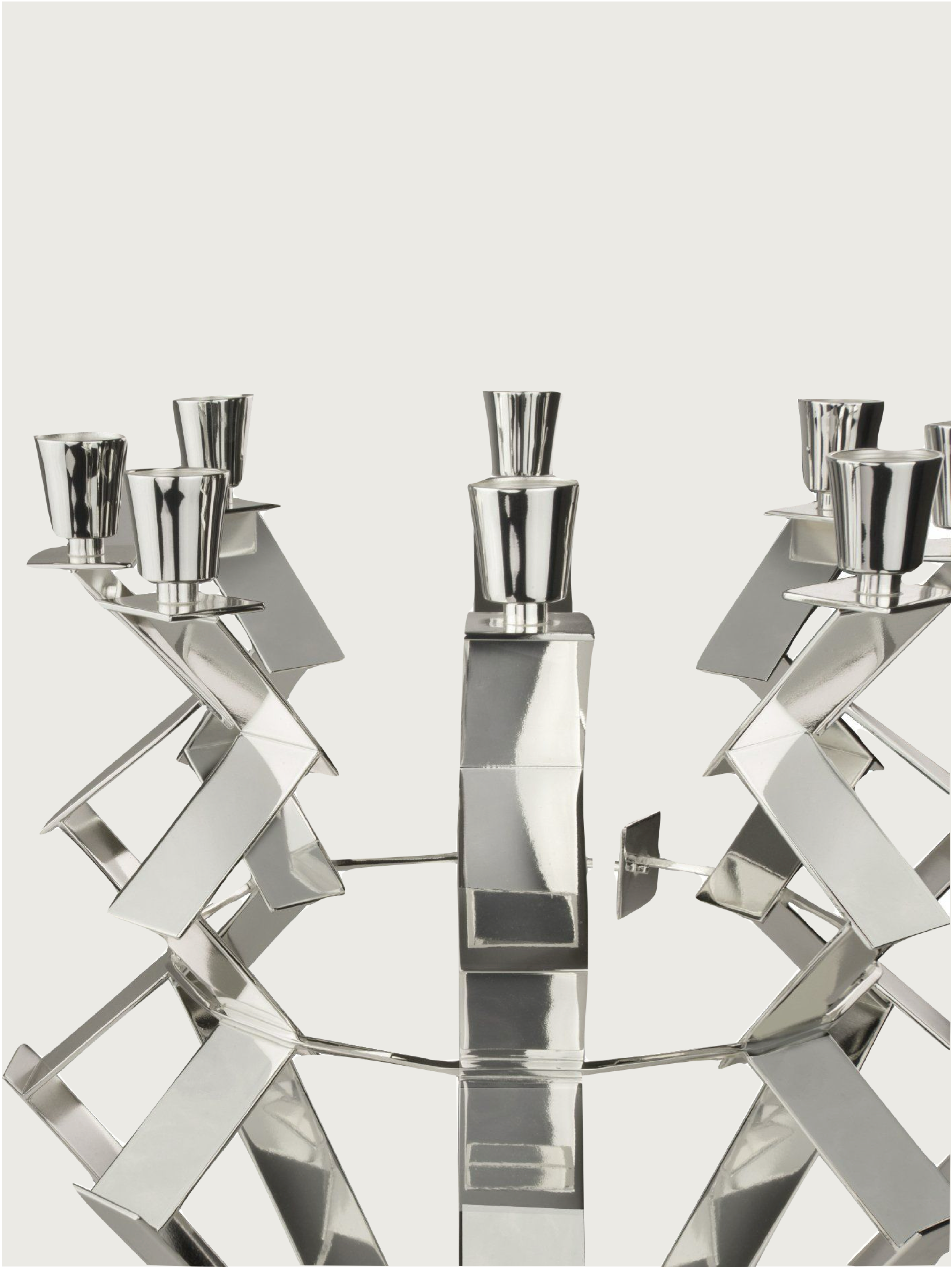 Silver plated 8-arm Candelabra — side angle showing polished surface and candle holders