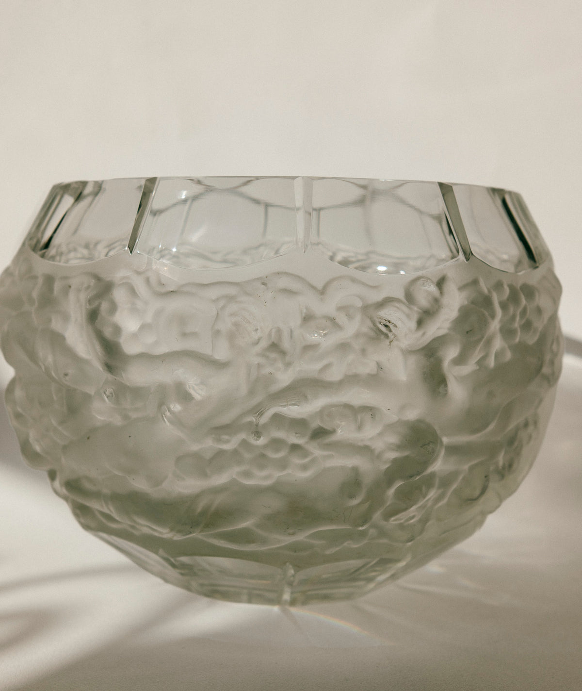 “Bacchus” Crystal Globe Vase with Grapes & Nymphs in Relief | Attr. René Lalique — side angle