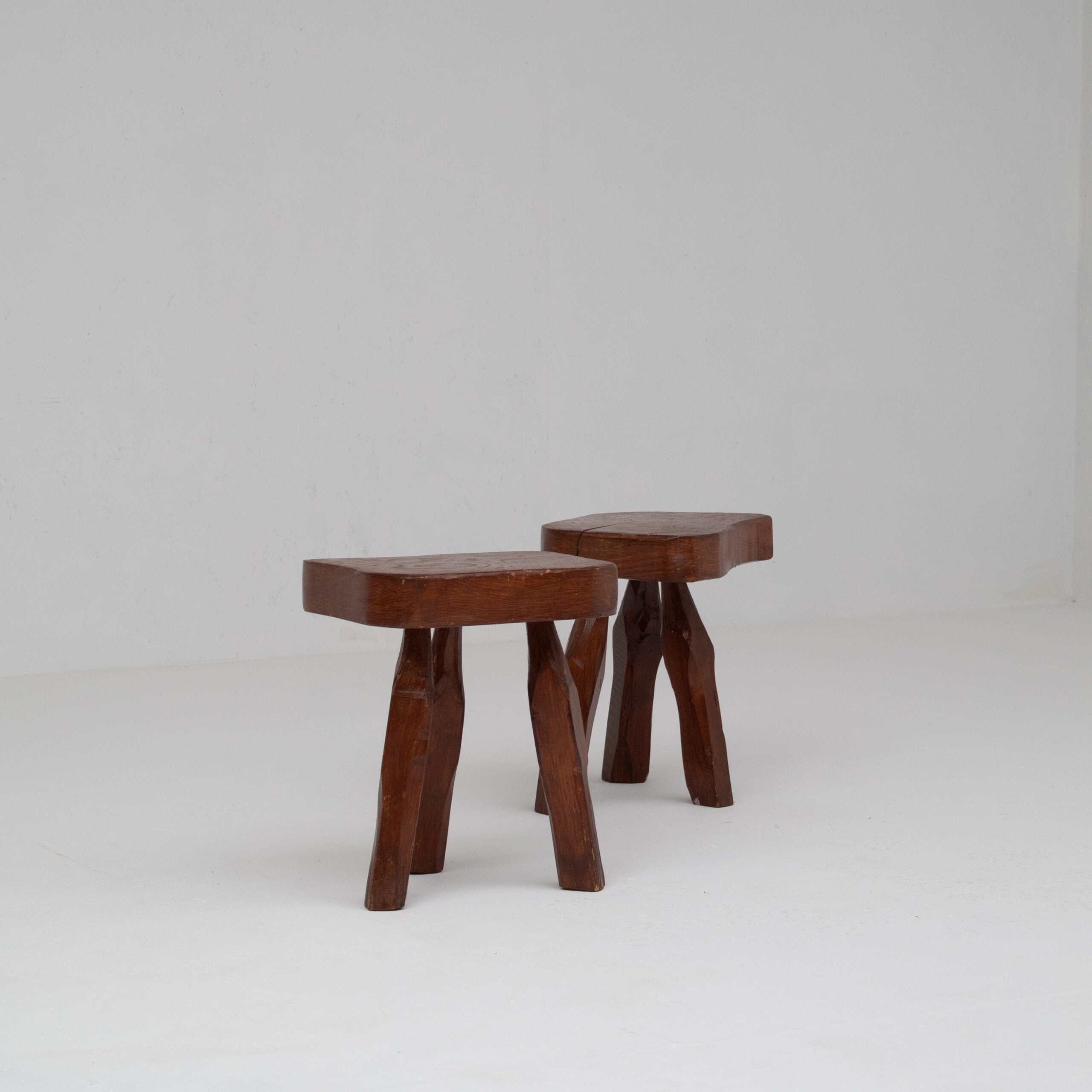 Pair of Sculptural Solid Wood Brutalist Stools, France, 1960s — detail view