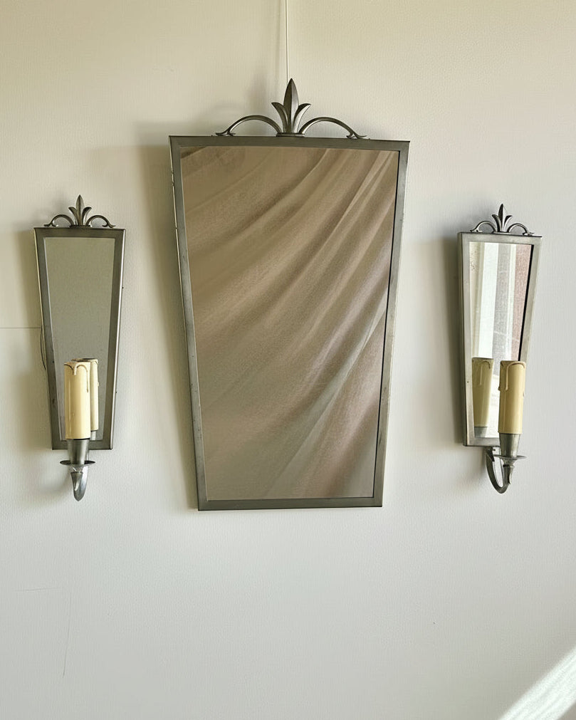 Swedish Grace Pewter Mirror & Sconce Set by Svenskt Tenn, 1931 — detail view