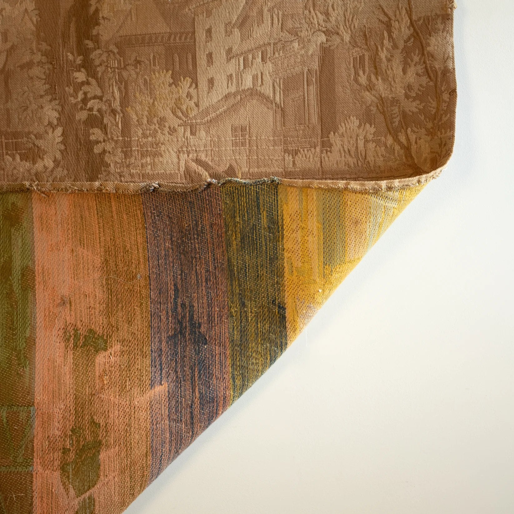 19th Century French Pastoral Tapestry — close-up of woven fabric texture