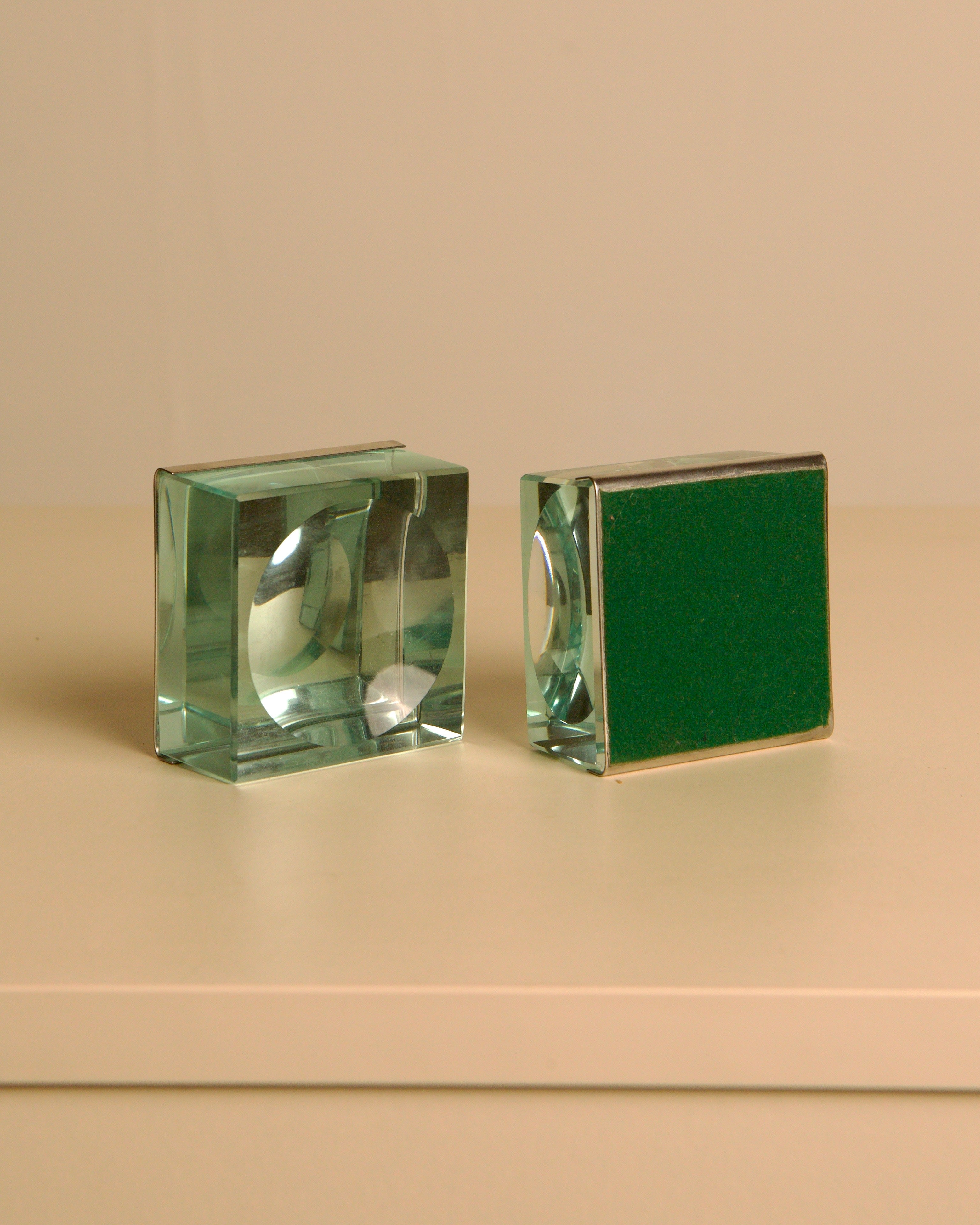 Pair of glass and metal ashtrays by Fontana Arte, 1960s — side angle