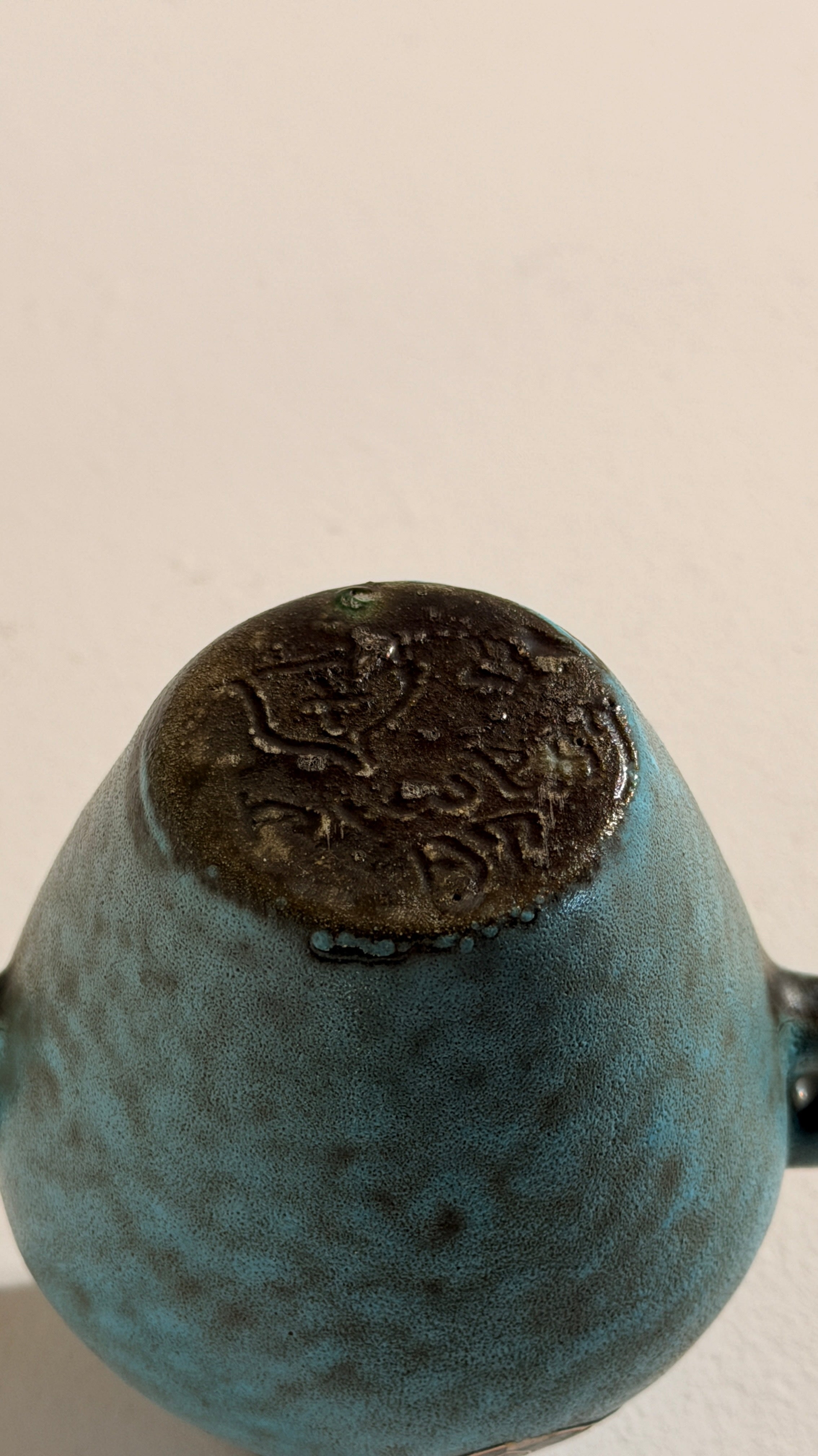 Small Ear-handled Vase by Potiers d'Accolay, France, circa 1960 — top view highlighting textured turquoise glaze