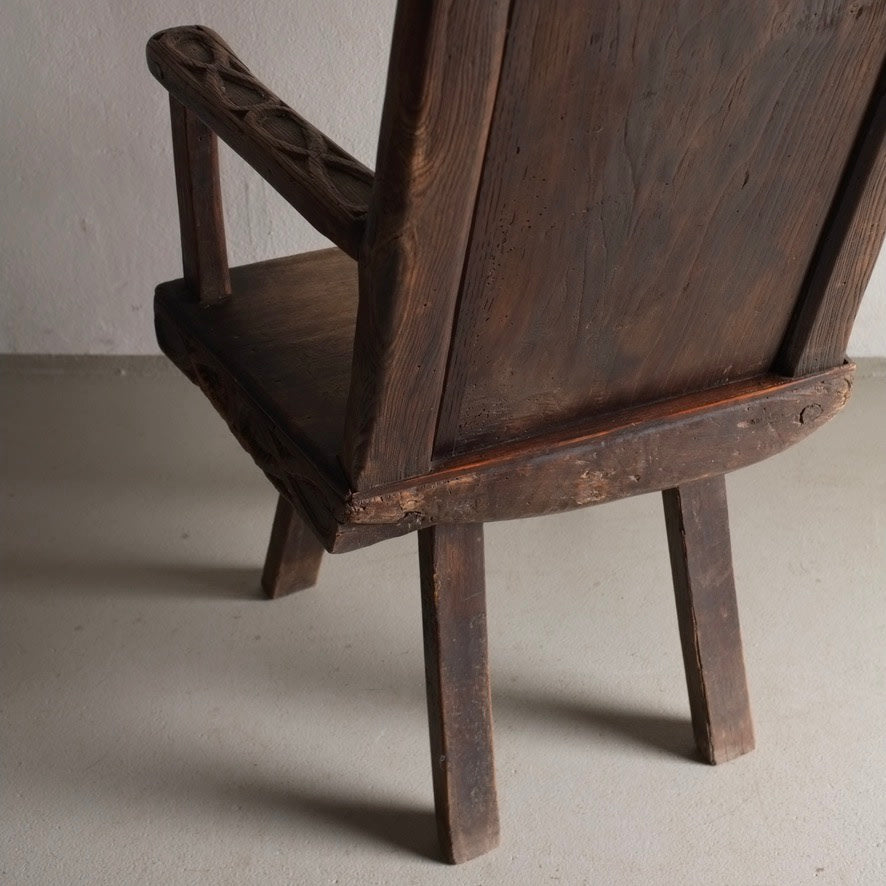 Antique Primitive Carved Oak Arm Chair, Belgium — rear view highlighting carved details