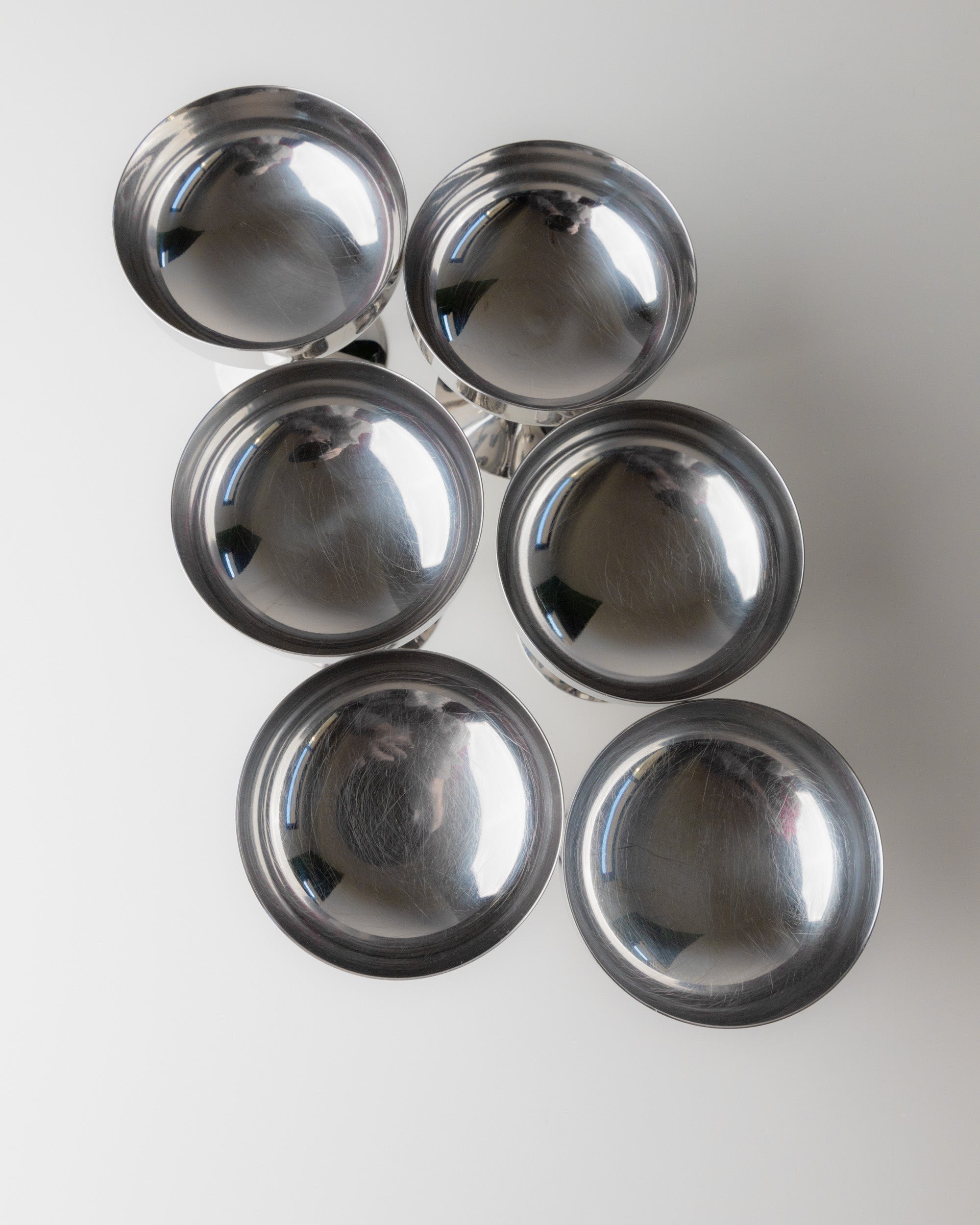 6 Stainless Steel Champagne Coupes 70s — top view showing polished surface