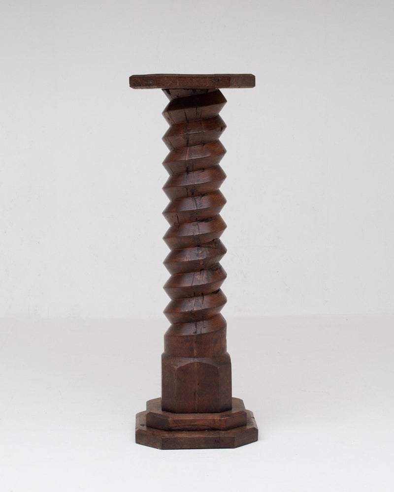 Brutalist Hand-Carved Wooden Pedestal in Solid Oak by Malata Antwerp | The Oblist