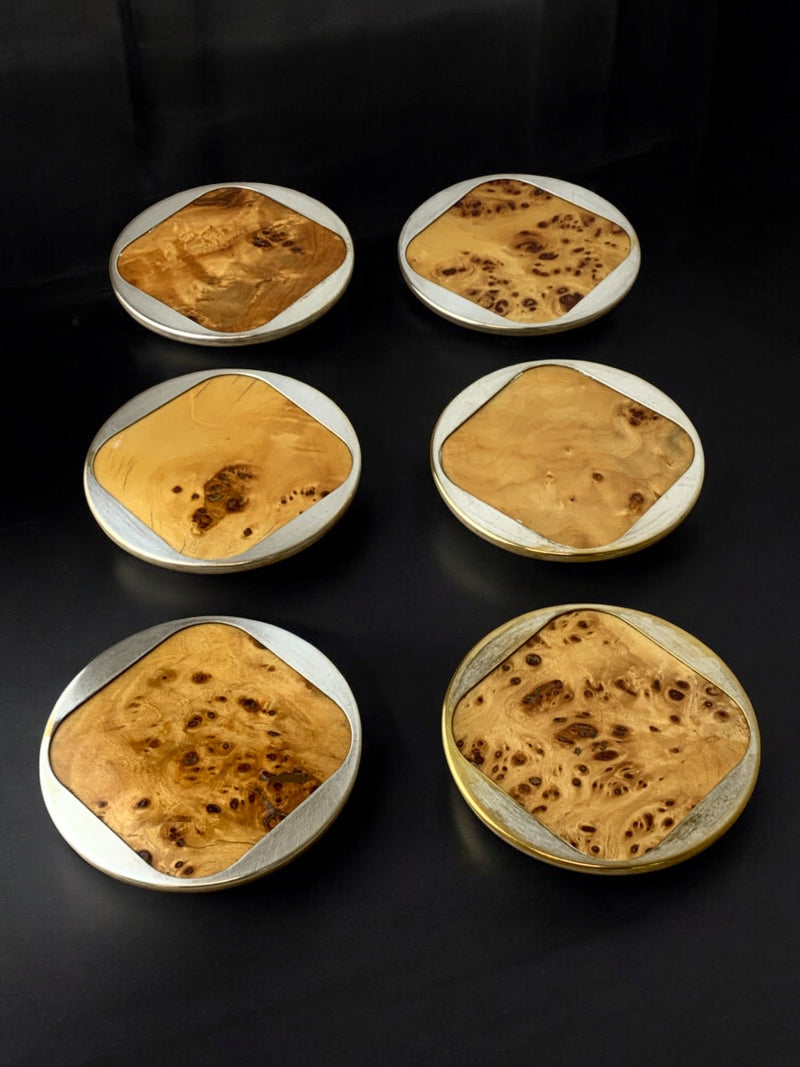 Aldo Tura Style Coasters in Lucite burl wood, set of 6, Italy, Circa 1970's by Malamar Studio | The Oblist