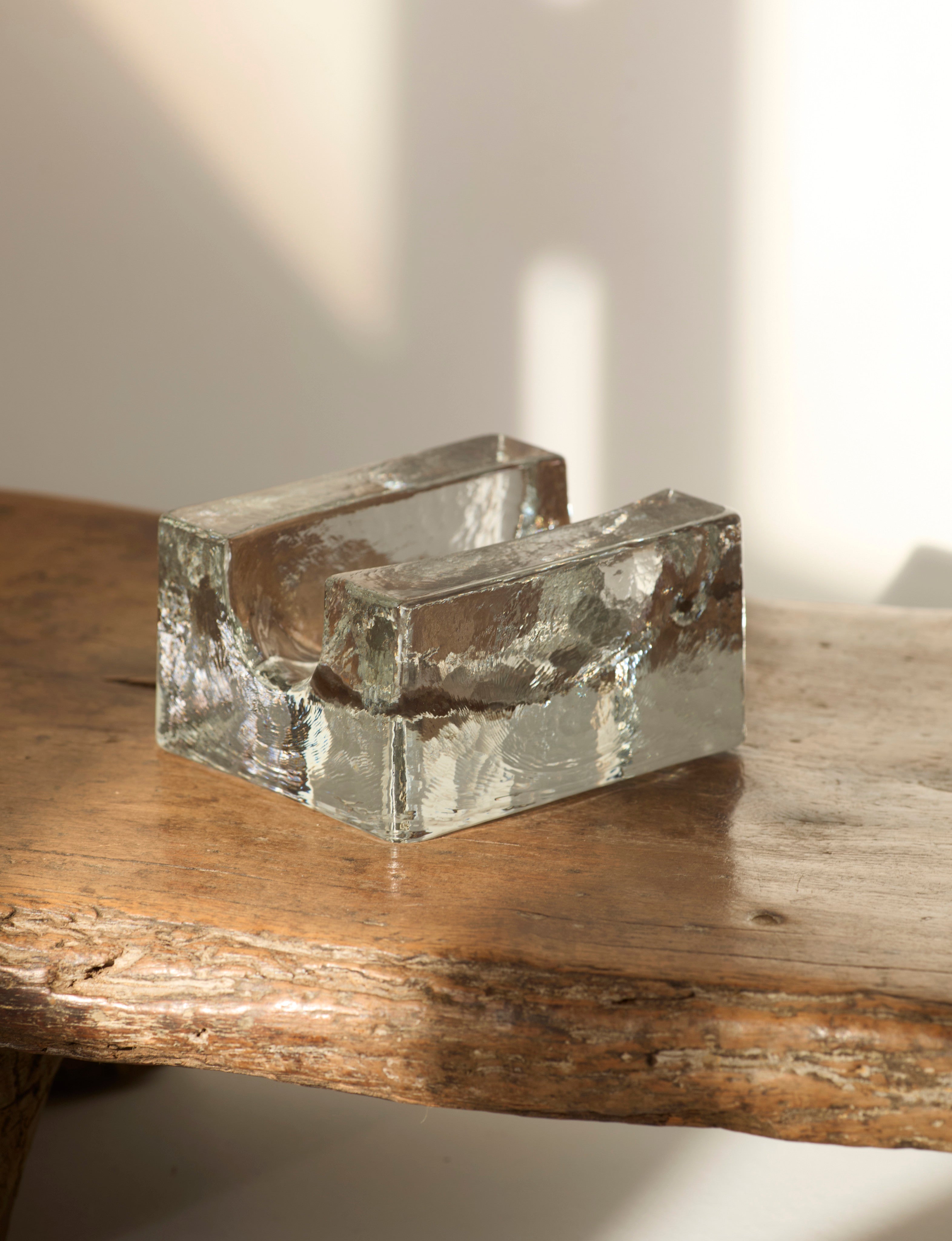 Vintage Scandinavian Candle Holders in Glass and Clear Glass — angled view on rustic wooden table
