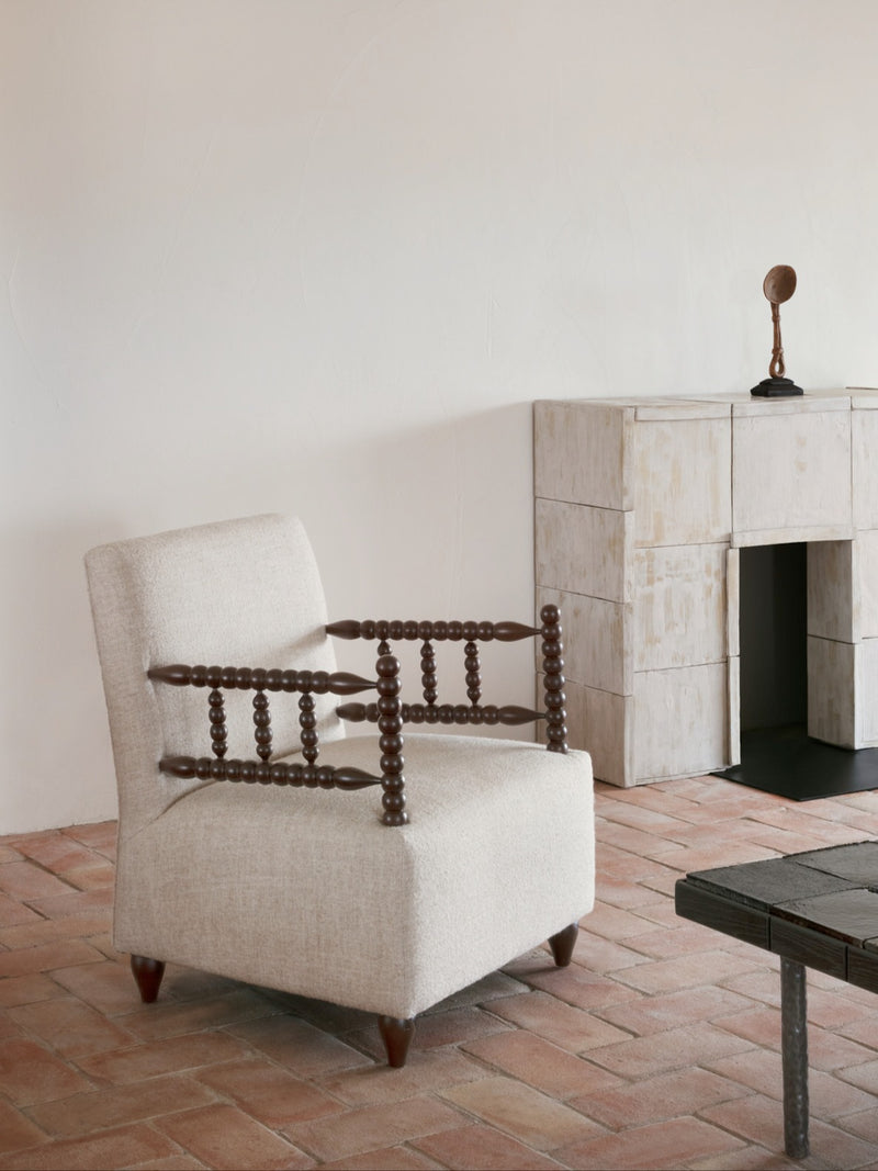 Bolha Lounge Chair by Project 213A | The Oblist — beige fabric, wooden accents