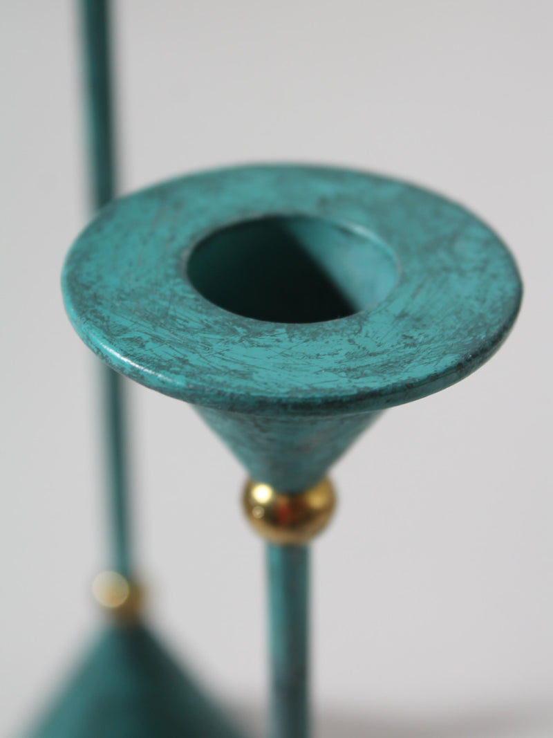 Memphis Design Metal Candle Holders Set, 1980s — close-up of turquoise metal finish