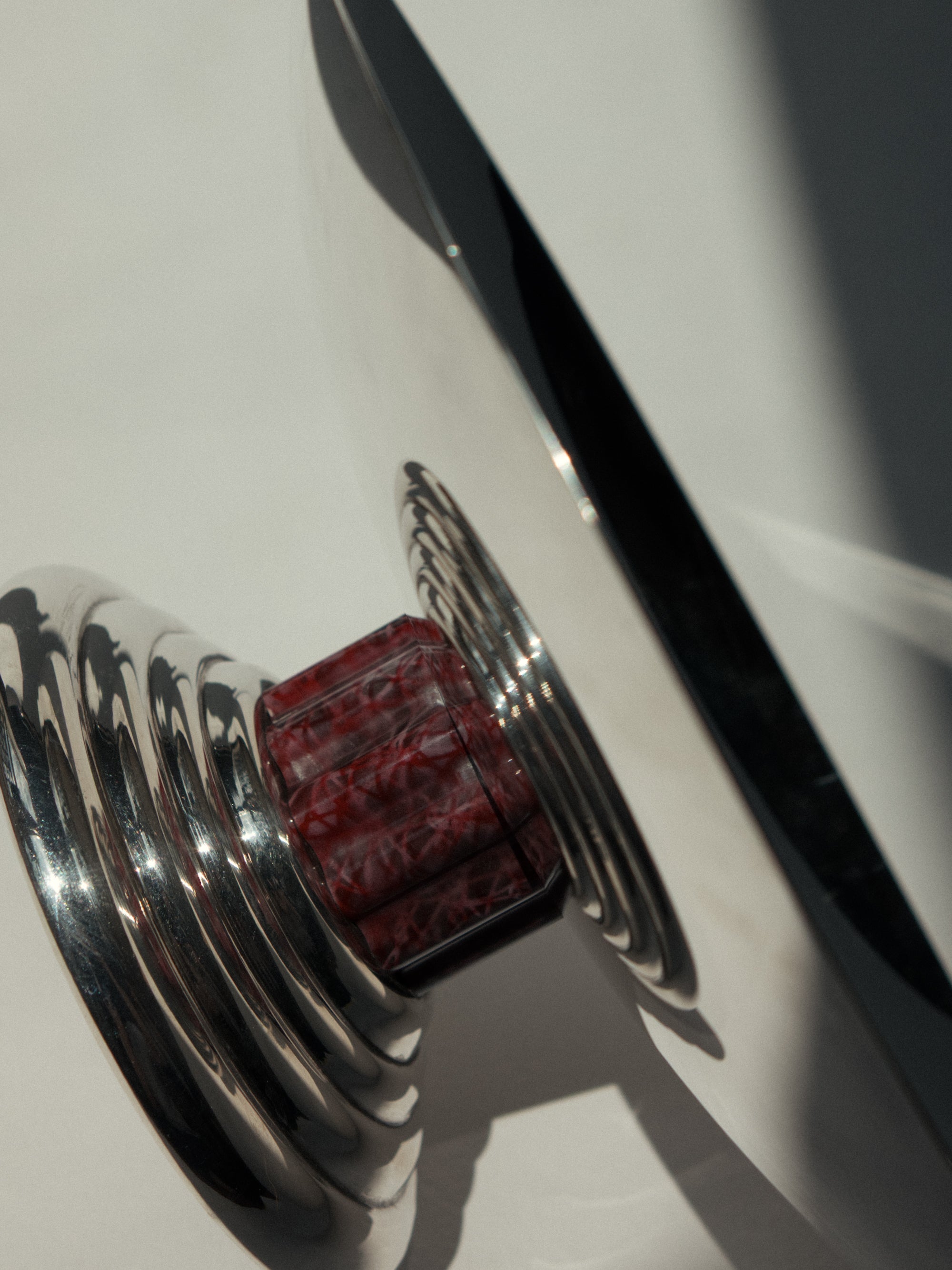 Jean Puiforcat Archival French Art Deco Silver-Plated and Red Lacquer Tazza Centerpiece — detail view