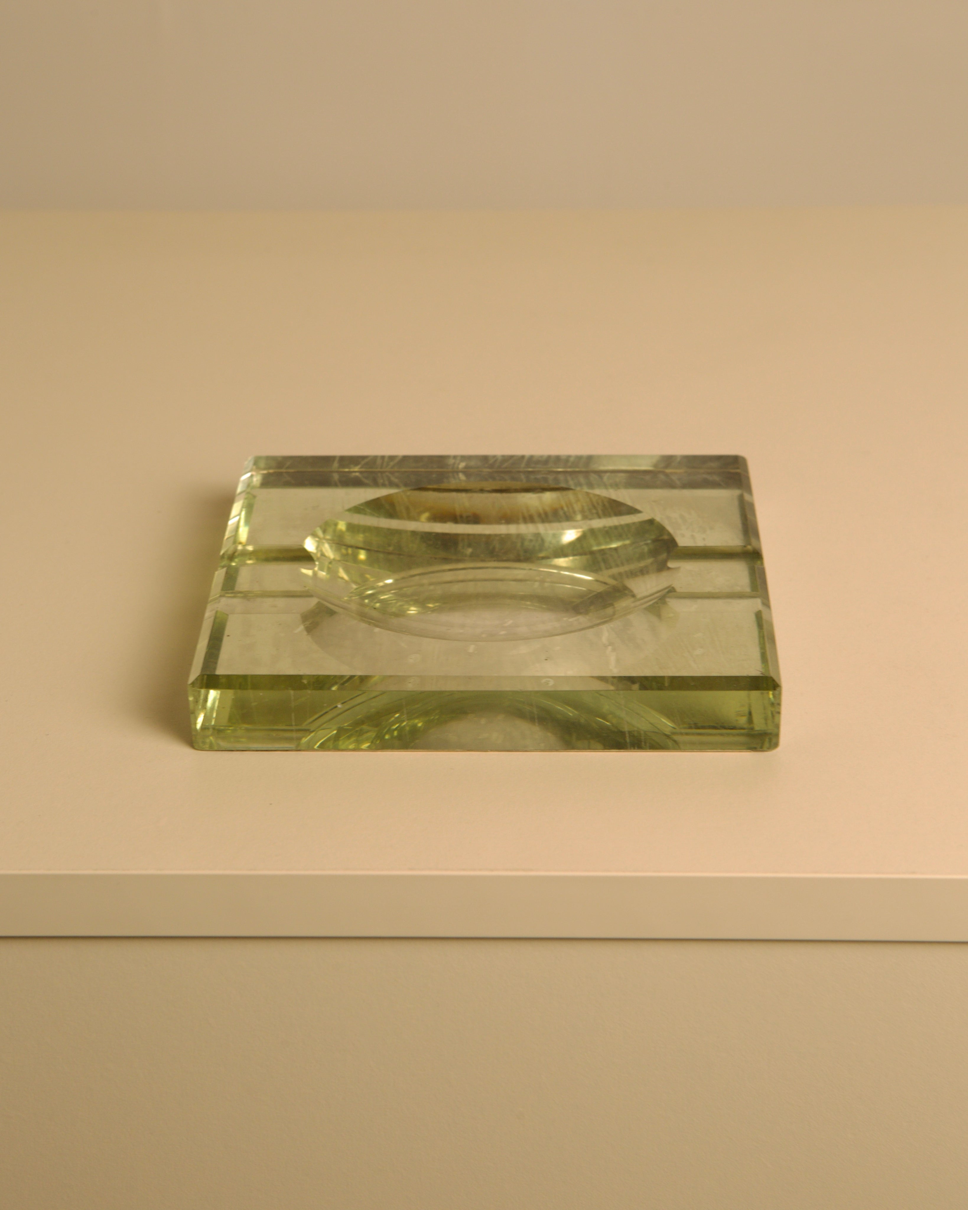 Green pressed glass ashtray Saint Gobain 1960s design detail