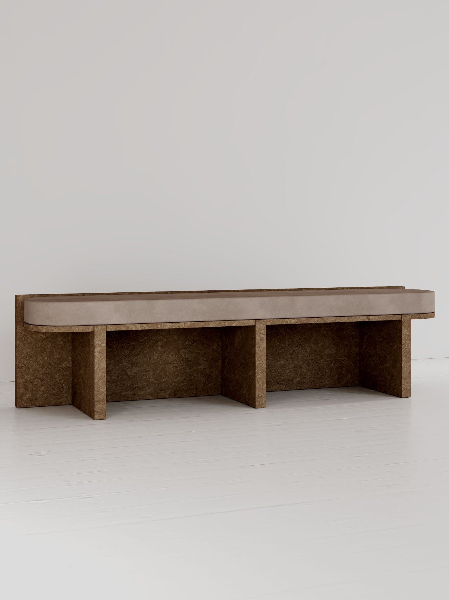 Meï 03' Bench — side view highlighting textured brown surface