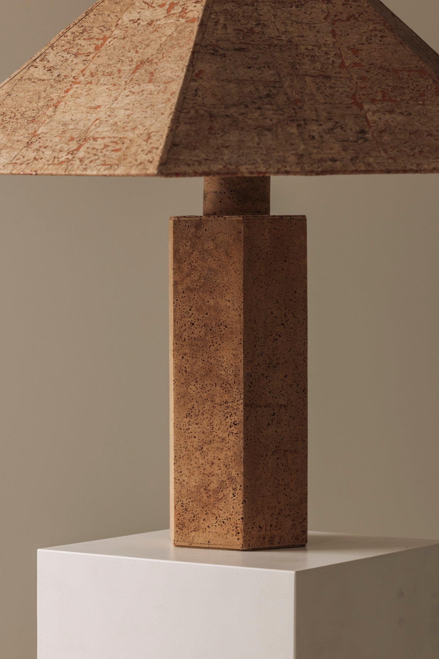Hexagonal Cork Table Lamp by Ingo Maurer for M Design, Germany 1970s — top view highlighting textured cork shade