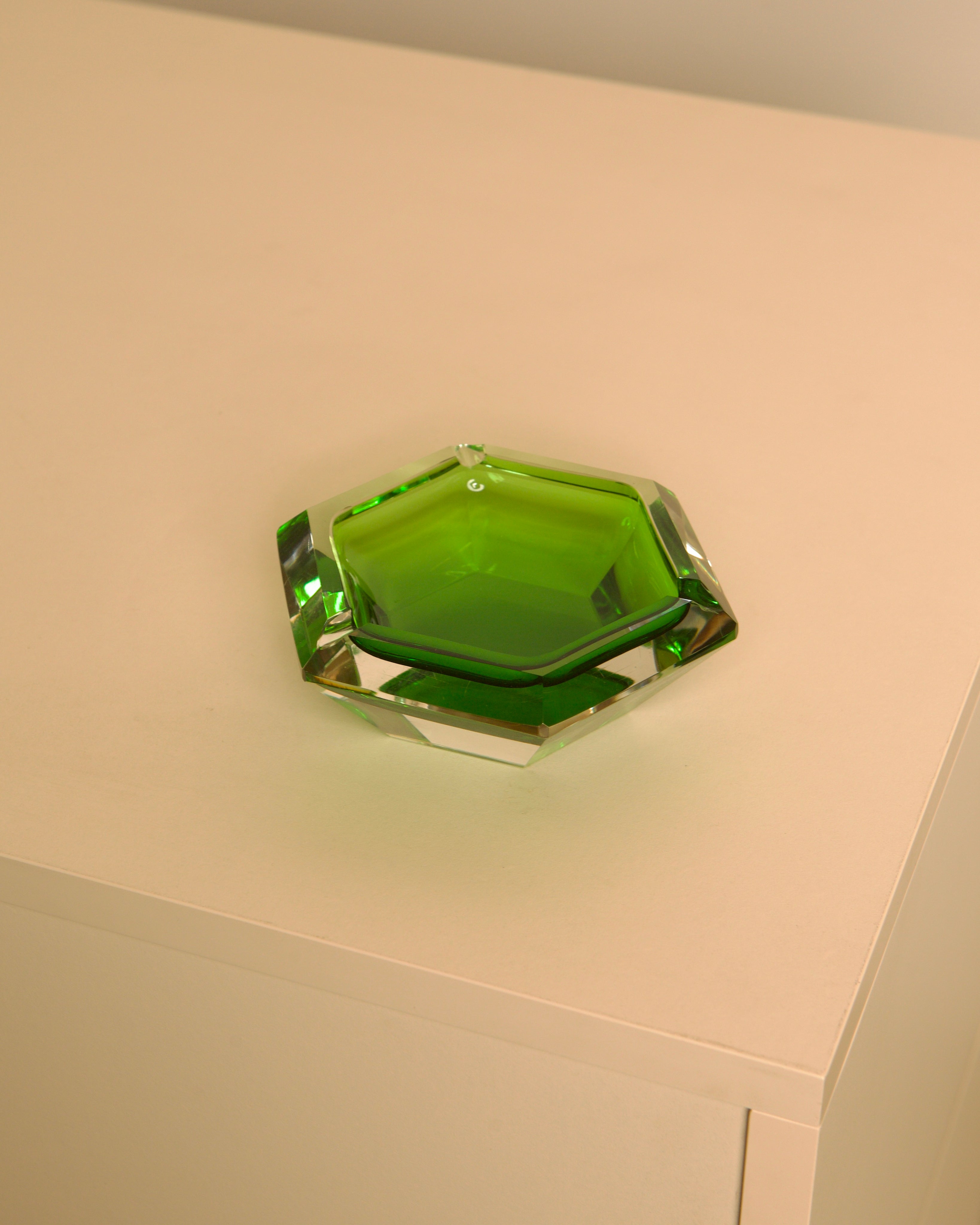 Italian Green Murano Glass Hexagonal Ashtray, 1980s by Treaptyque | The Oblist