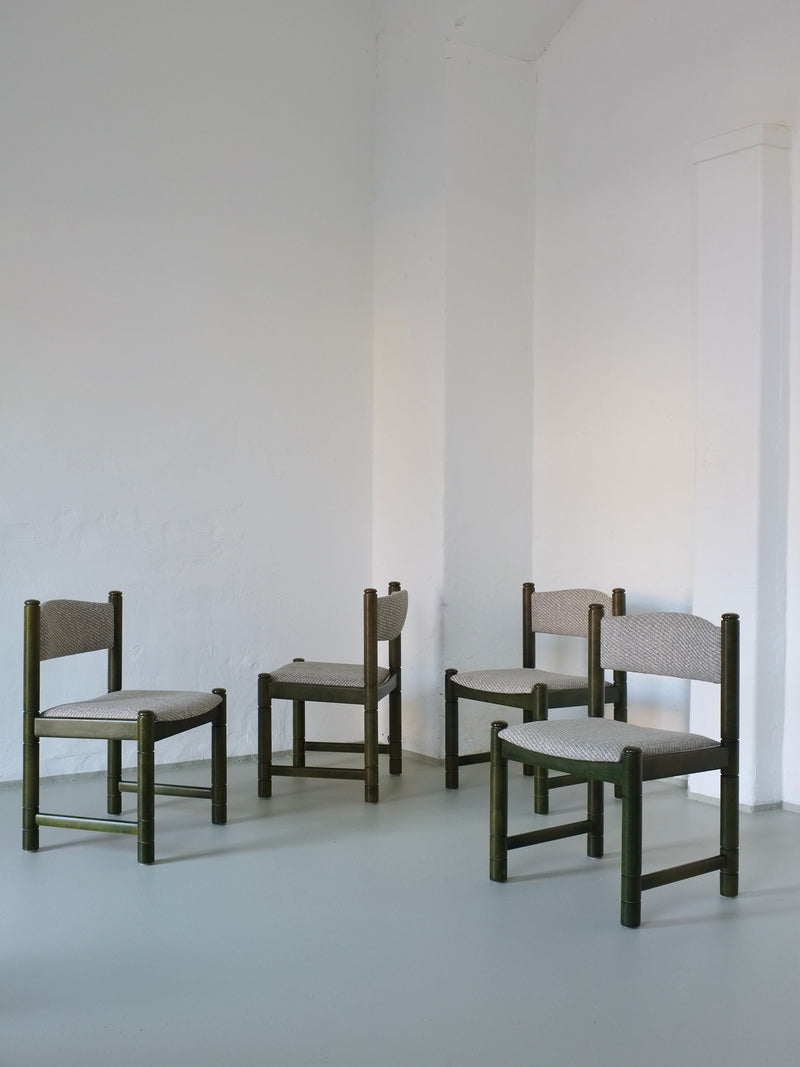 4 Green Carved Wooden Chairs, Scandinavia 1960s — angled view showing textured fabric seats