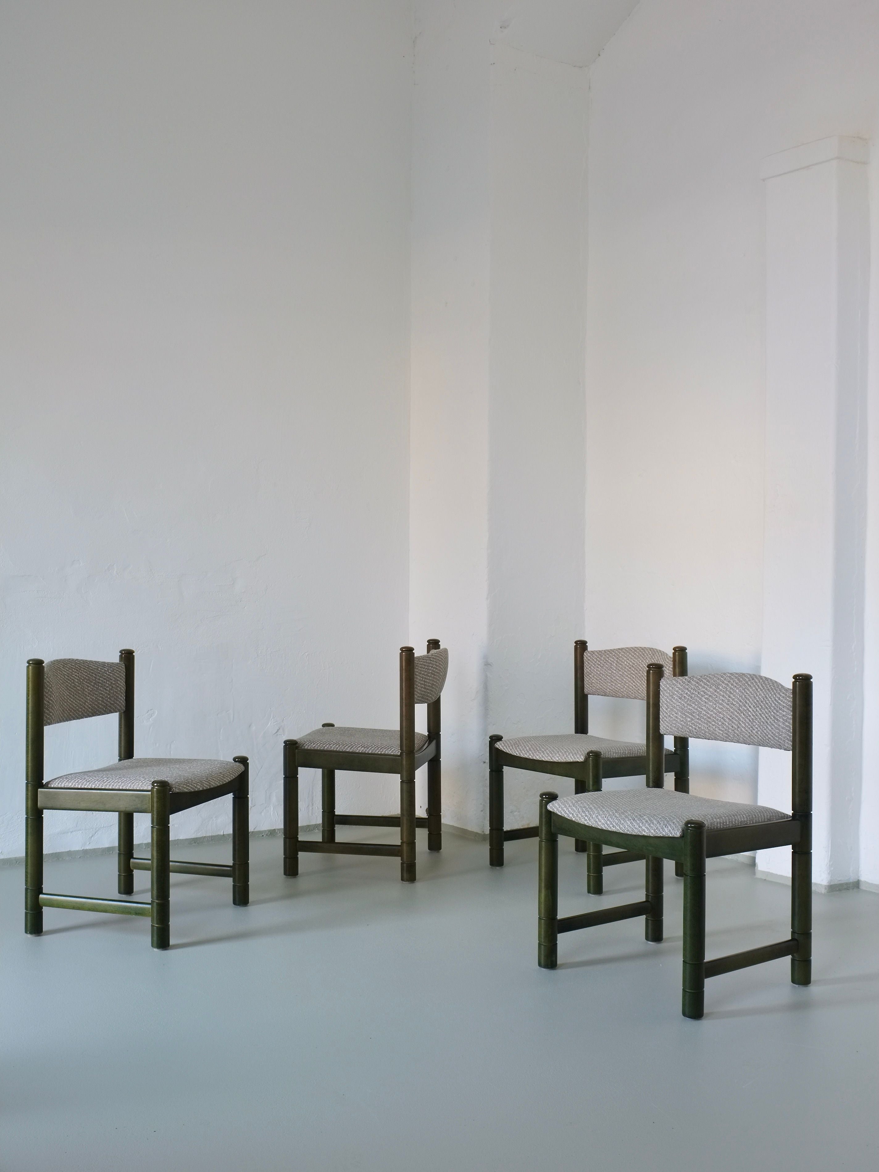 4 Green Carved Wooden Chairs, Scandinavia 1960s — angled view showing textured fabric seats