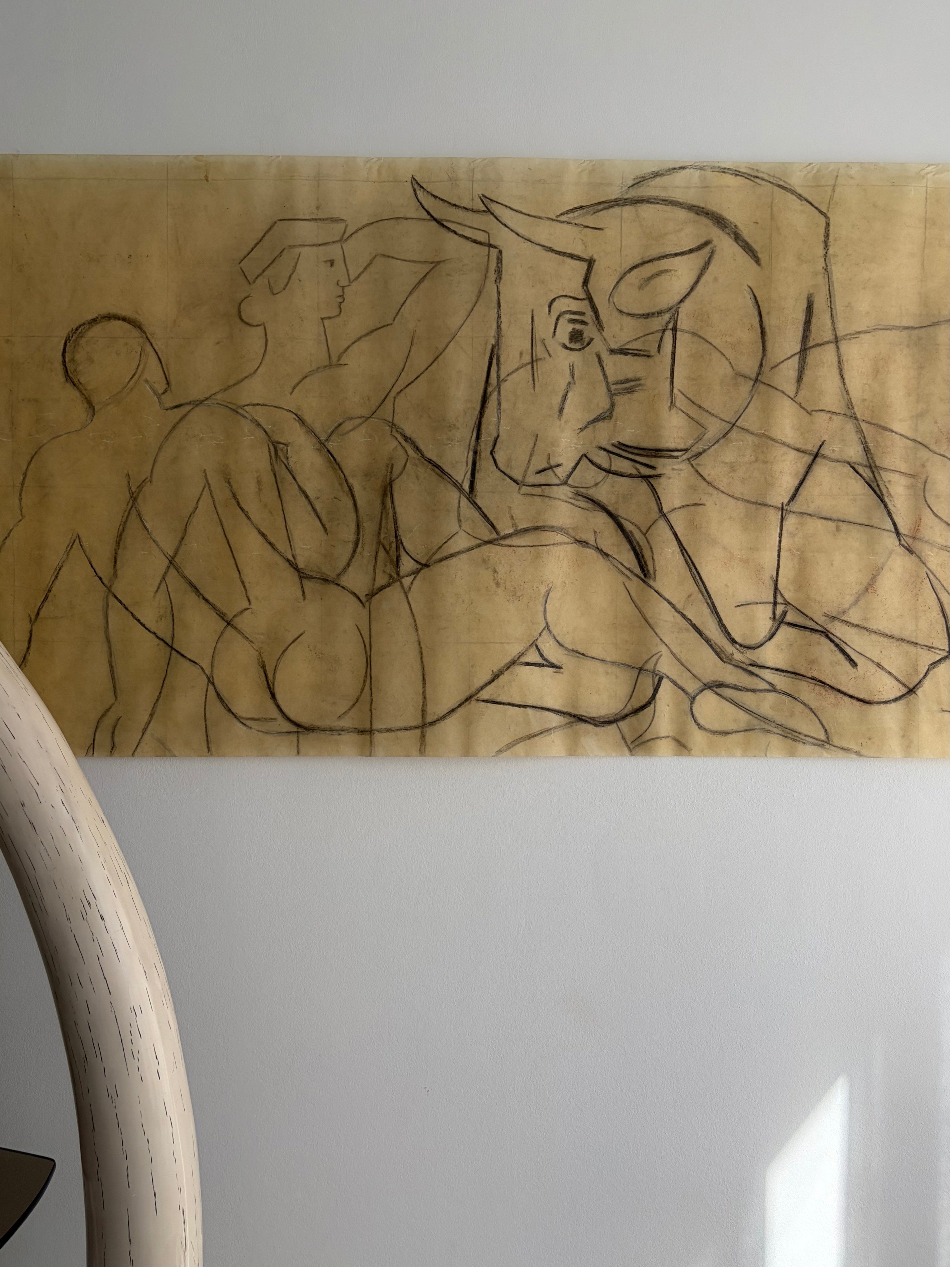 Monumental Art Deco Minotaur Drawing by Émile Courtin, 1940s — side angle