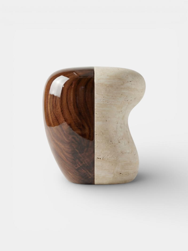 Yosho Travertine And Wood Side Table — side view highlighting wood and stone materials