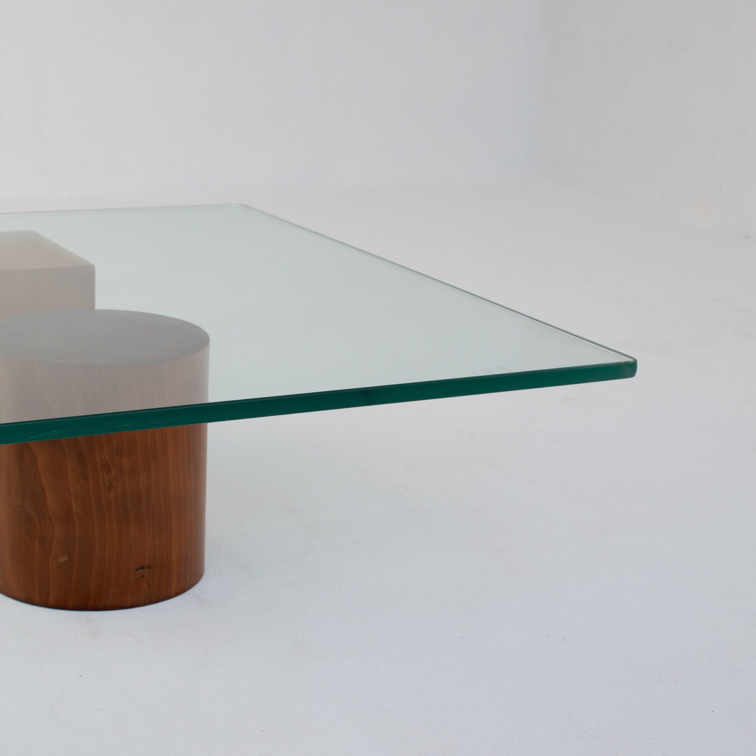 Vintage Coffee Table in Wood and Glass — side angle with round wooden base