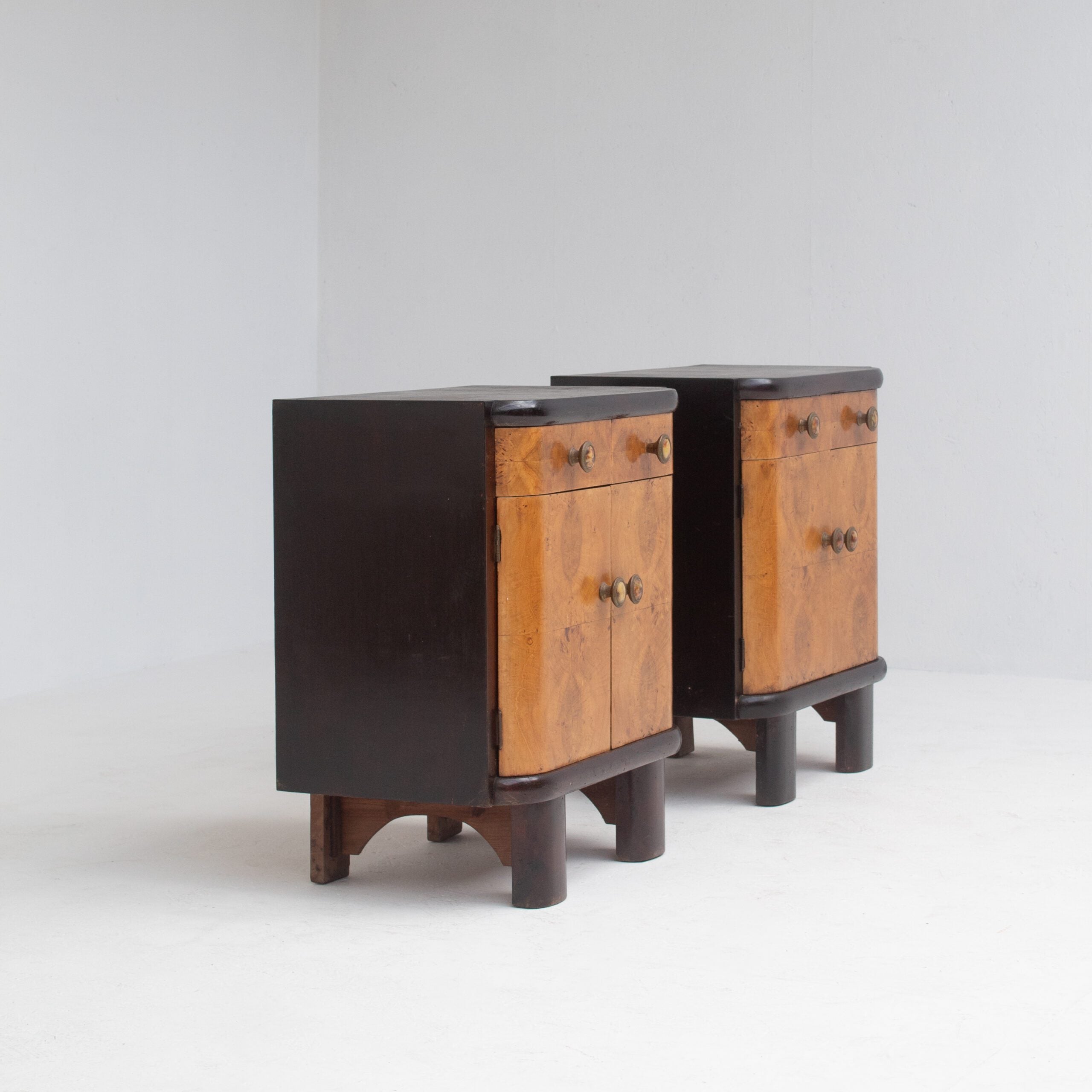 Pair of Italian Art Deco Bedside Cabinets — top view showing wood grain and drawer details
