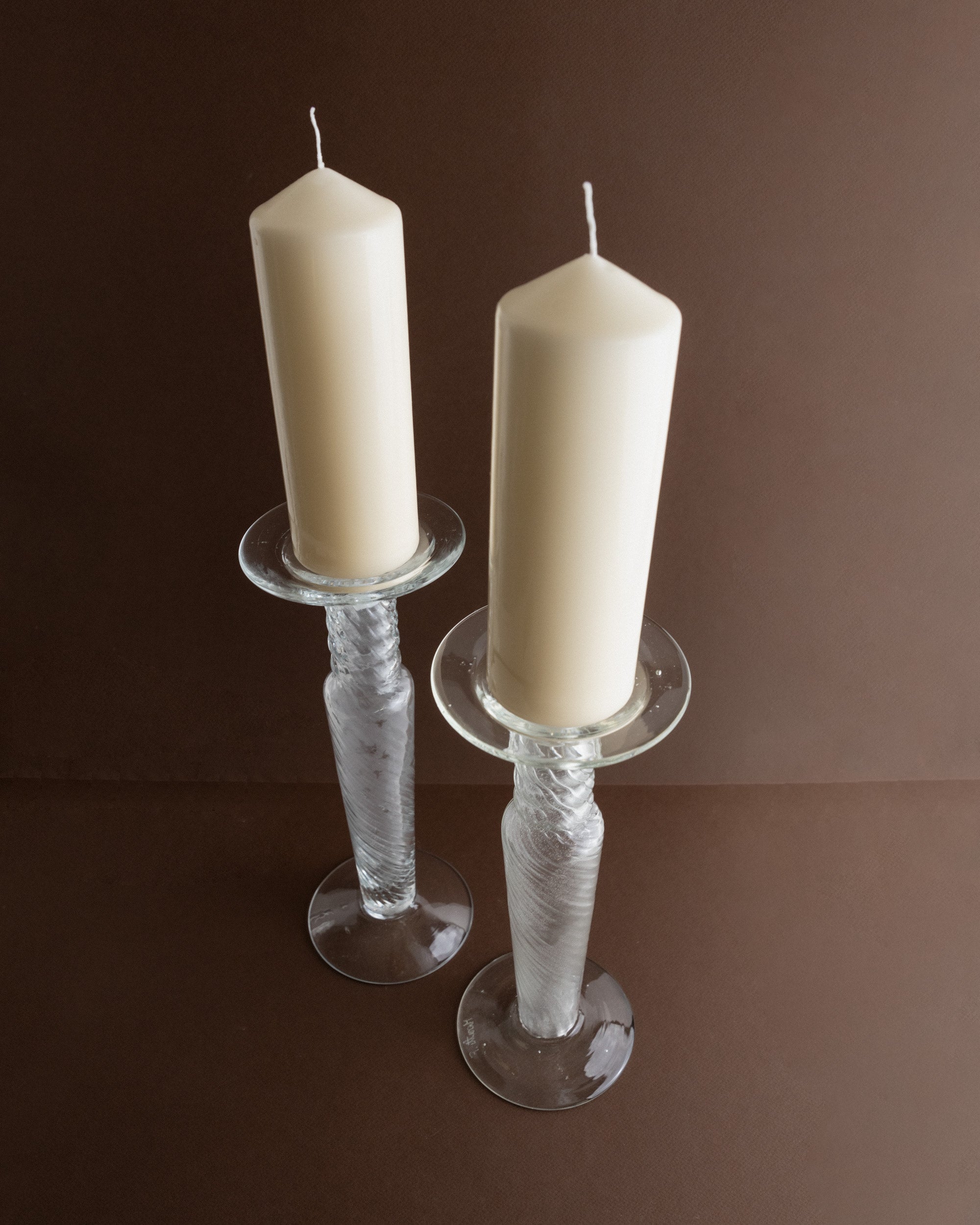 Set of 2 Franco Moretti Candleholders Glass 1960s — top view with cream candles