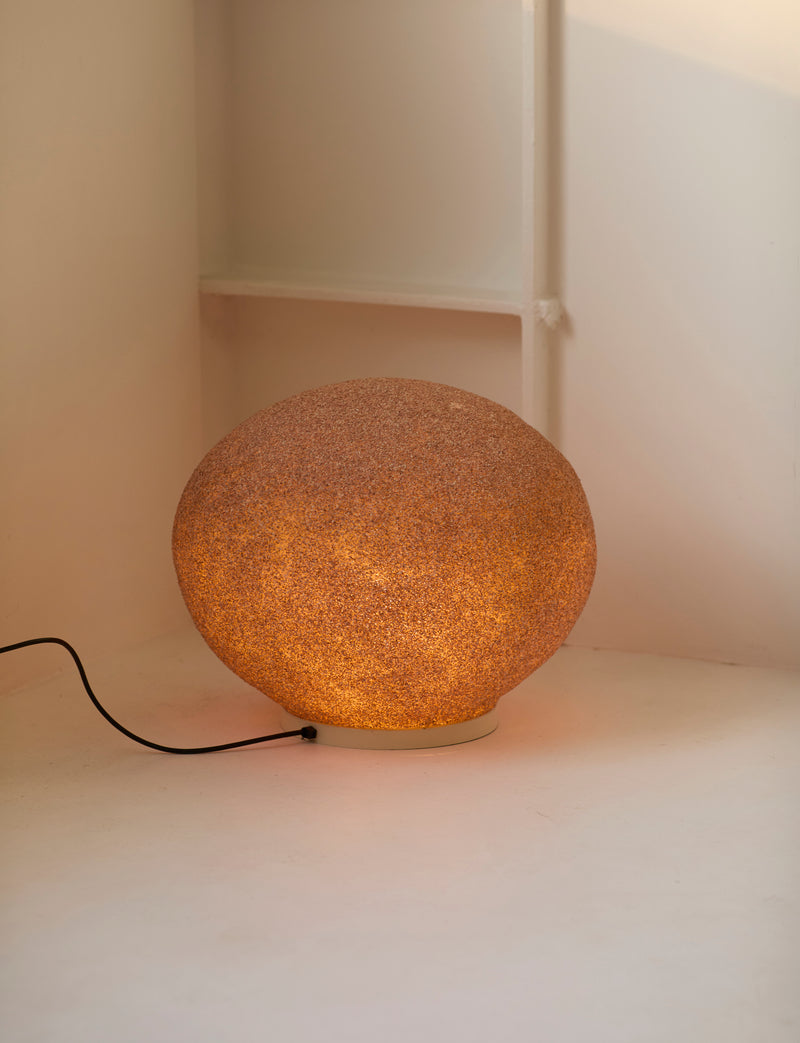 Vintage Floor Lamp in Fiberglass - Extra Large Moon Rock Collection c.1970 — close-up of textured fiberglass shade with warm