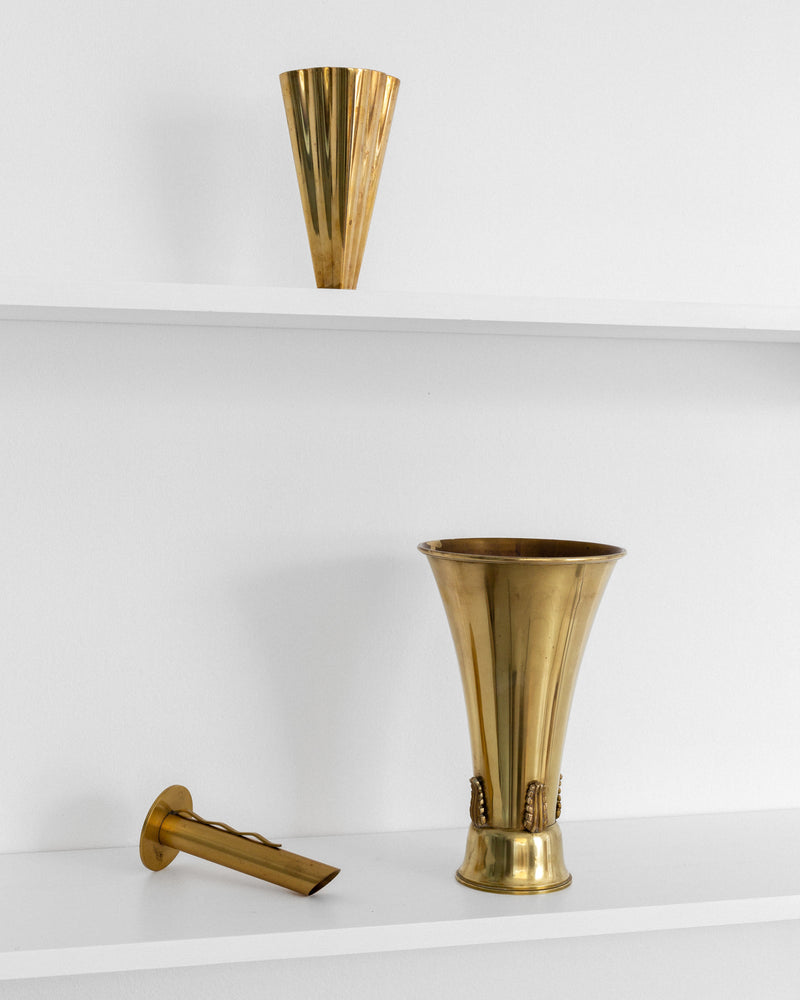 Large Art Deco Brass Vase by Ystad-Metall, 1930s — close-up of brass texture on shelf
