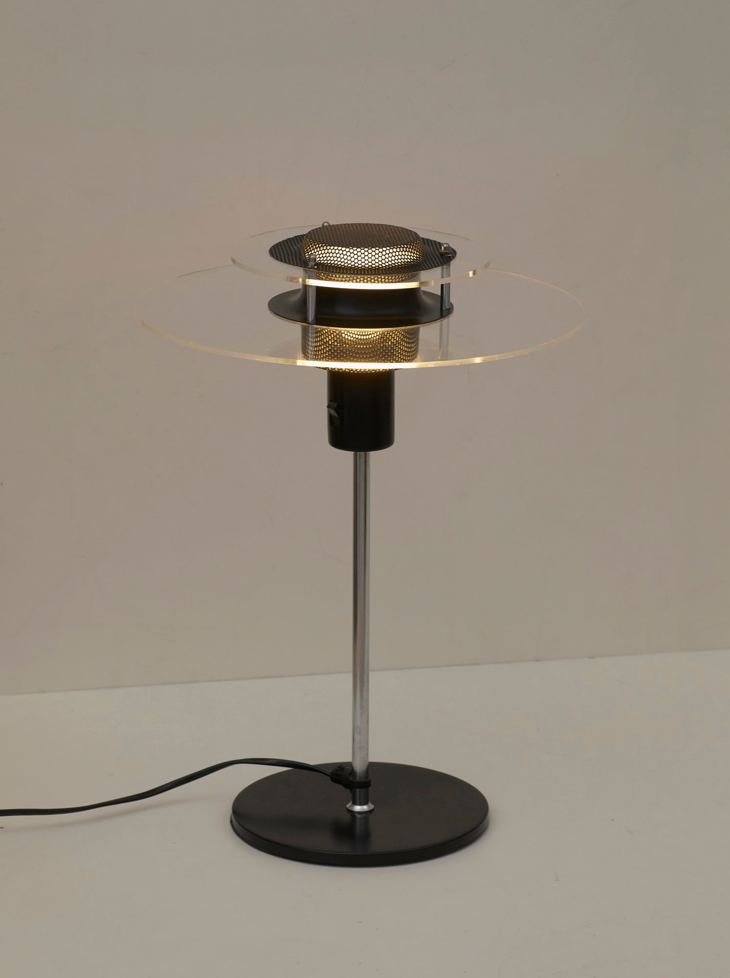 Postmodern Ikea Cirkle Table Lamp C. 1990 — angled view on white surface