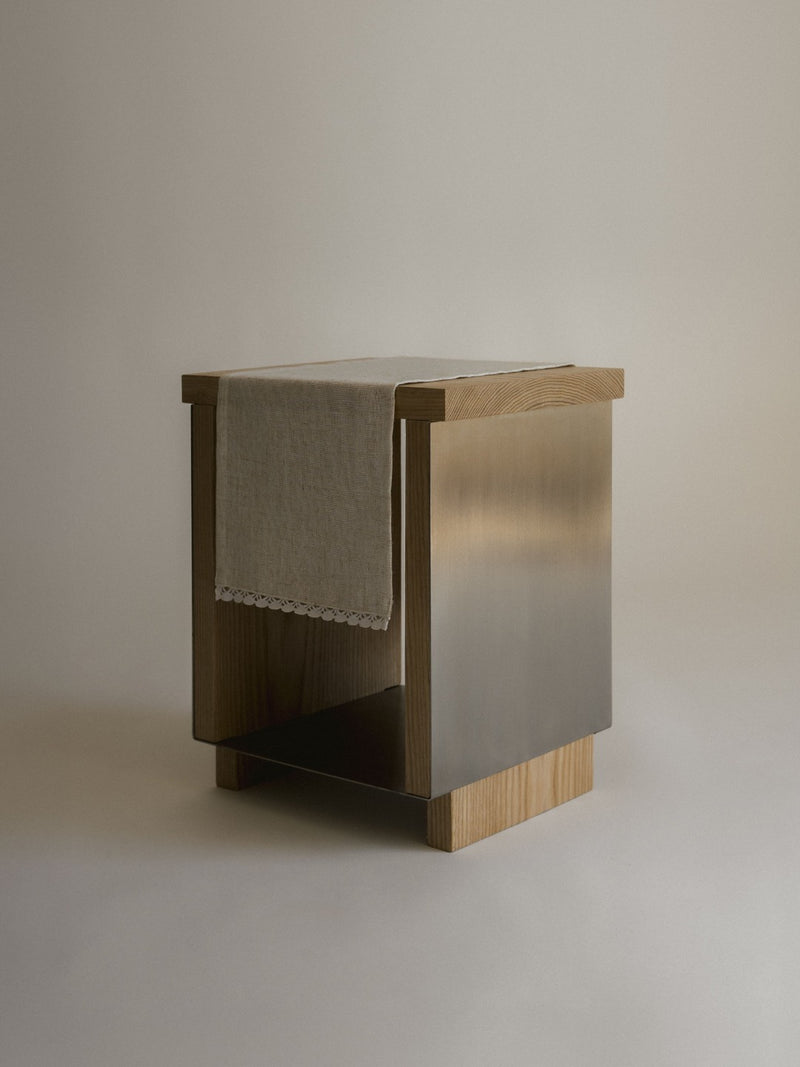 B2 STOOL Side Table in Oak and Stainless Steel by Sofia De=Francesco | The Oblist