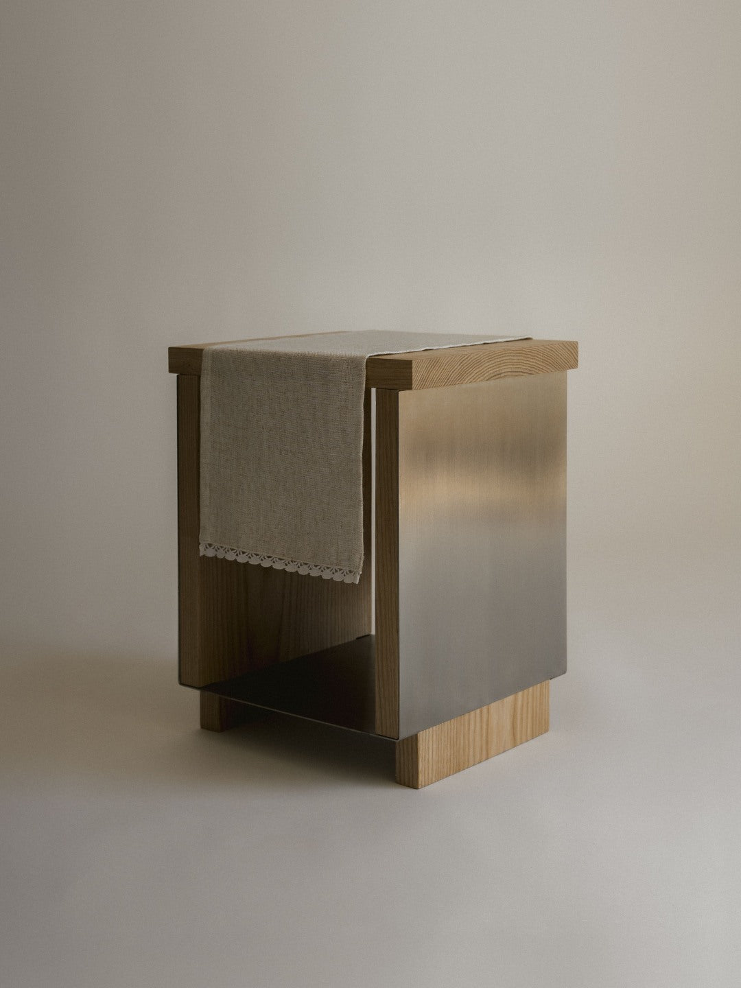 B2 STOOL Side Table in Oak and Stainless Steel by Sofia De=Francesco | The Oblist