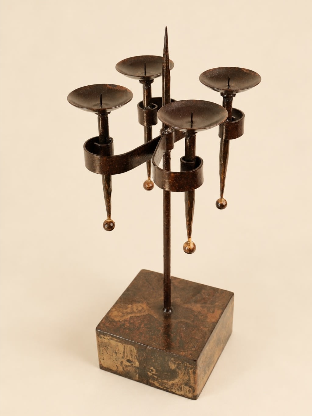 Vintage Brutalist Wrought Iron Four-Candle Candelabra — side angle