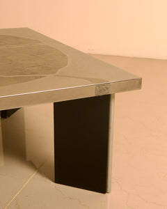 Sculptural Coffee Table in Wood and Steel by Heinz Lilienthal, 1960s — corner view highlighting steel edge and black leg