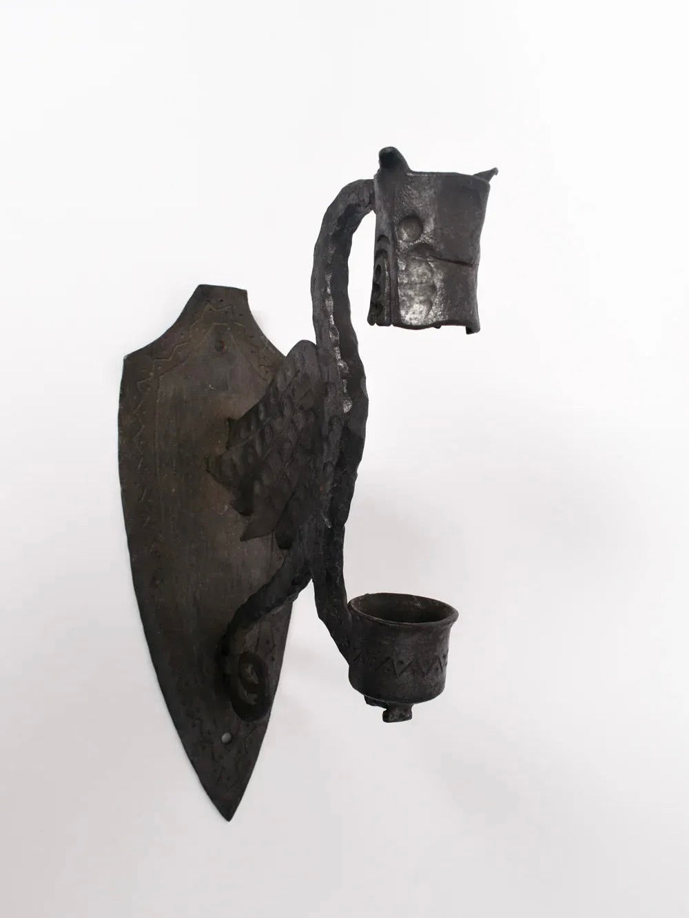 Pair of Mural Candleholders, France, 1960s — side angle showing dark metal finish