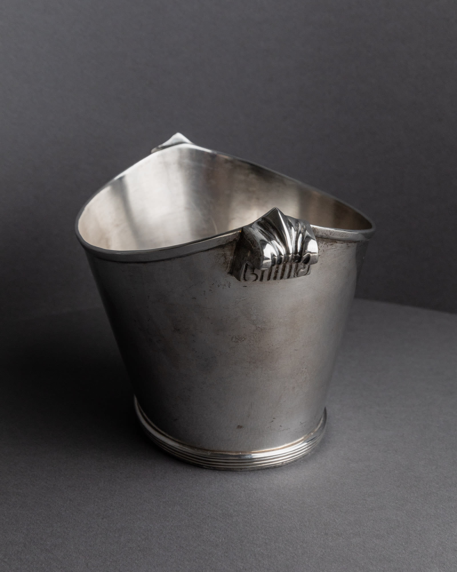 Vintage 1940s Silver Plated Champagne Cooler, Classic Form for Wine or Drinks — close-up of silver surface with decorative ha
