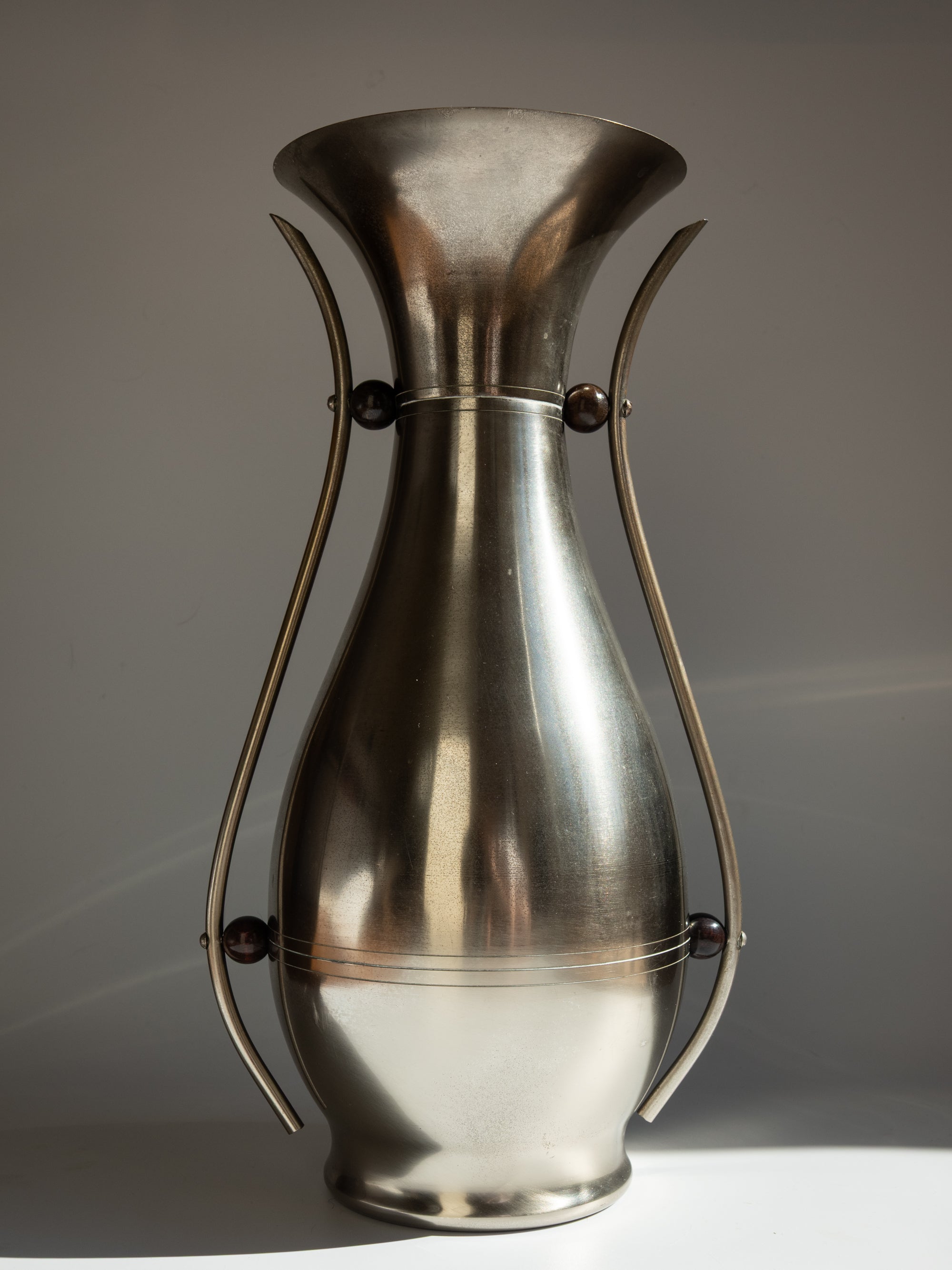 Dovo Holland Twin-Handled Metal Vase with Wooden Beads, c. 1950s — side angle
