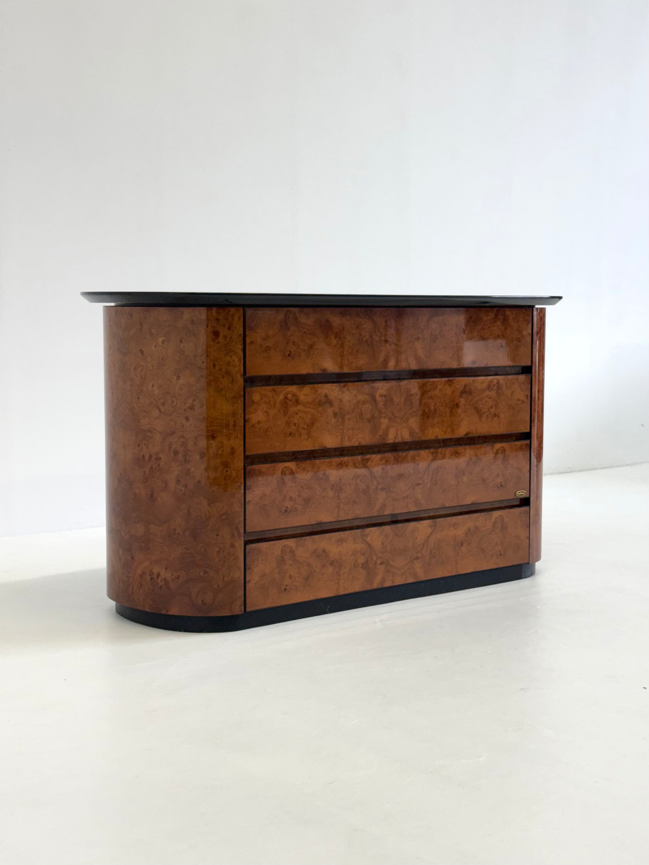 Vintage Voltan chest of drawers made of lacquered burl wood with bar — lifestyle setting