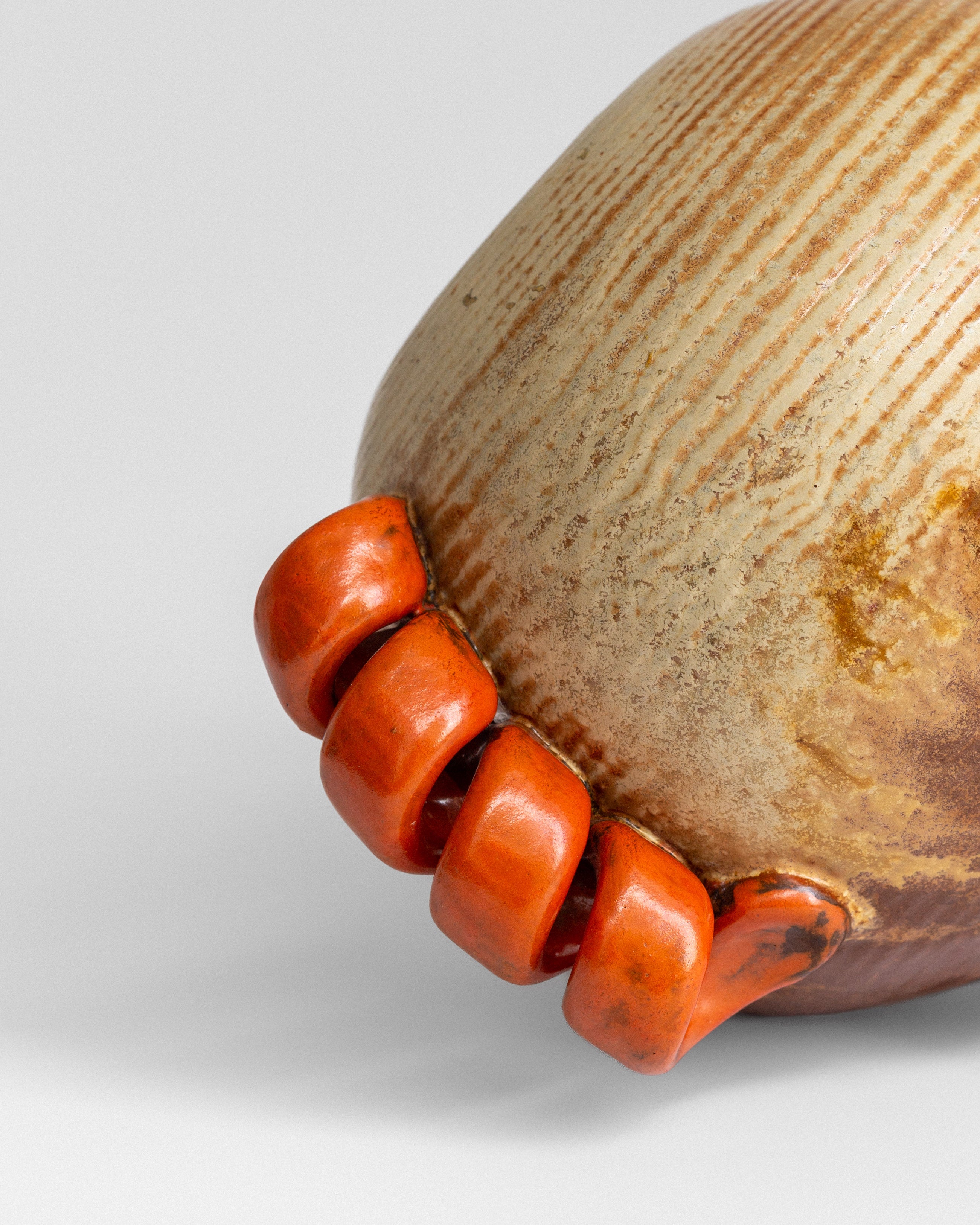 Swedish Modernist Vase with Sculptural Handles — close-up of ceramic with orange handles