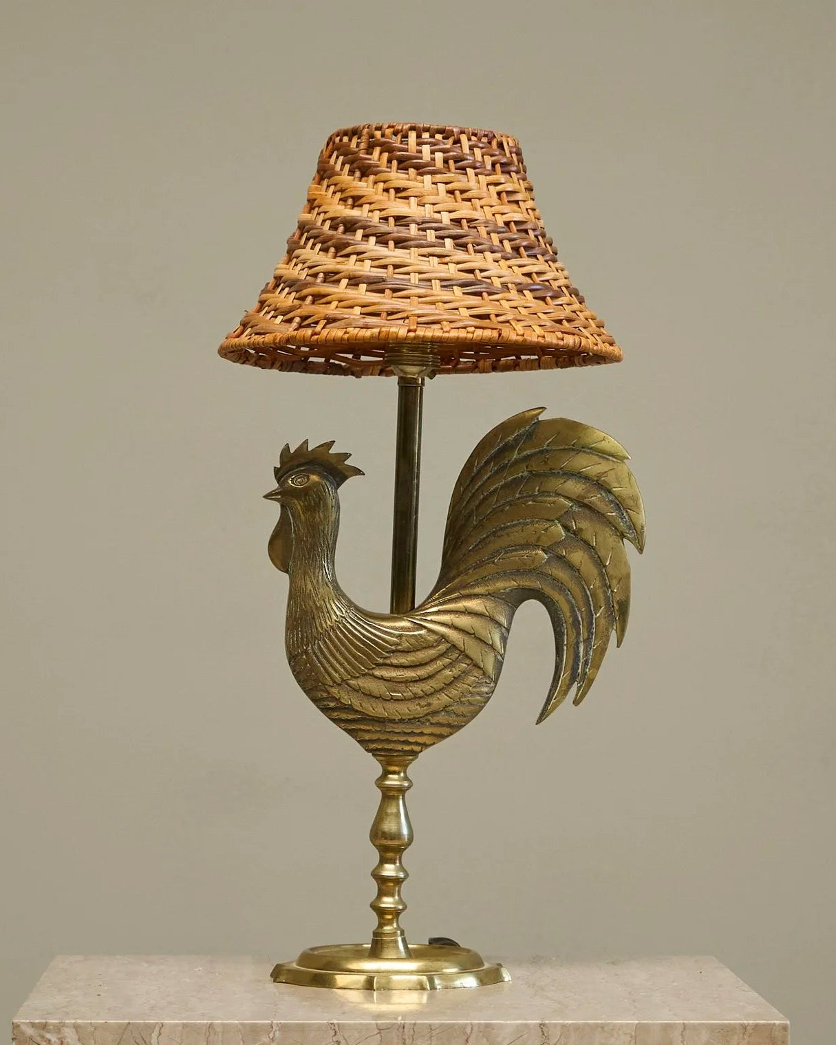 Fantastic French 'Le Coq d'Or' Rooster Table Lamp in Sand Cast Brass with Rattan Shade, 1960s — side angle