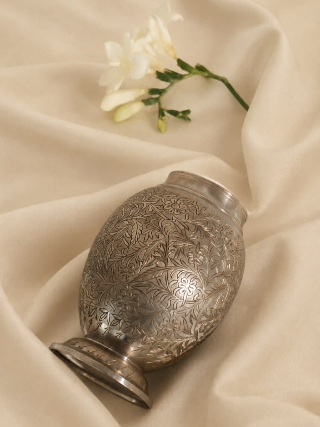 Vintage Engraved Metal Vase — side angle