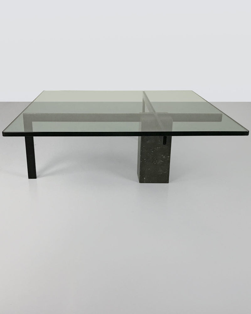 KW1 glass, metal and granite coffee table by Hank Kwint for Metaform 1980s — front view highlighting glass top and granite ba