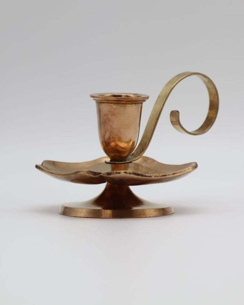 Mid-Century Scalloped Brass Chamberstick with Finger Loop Handle — side angle