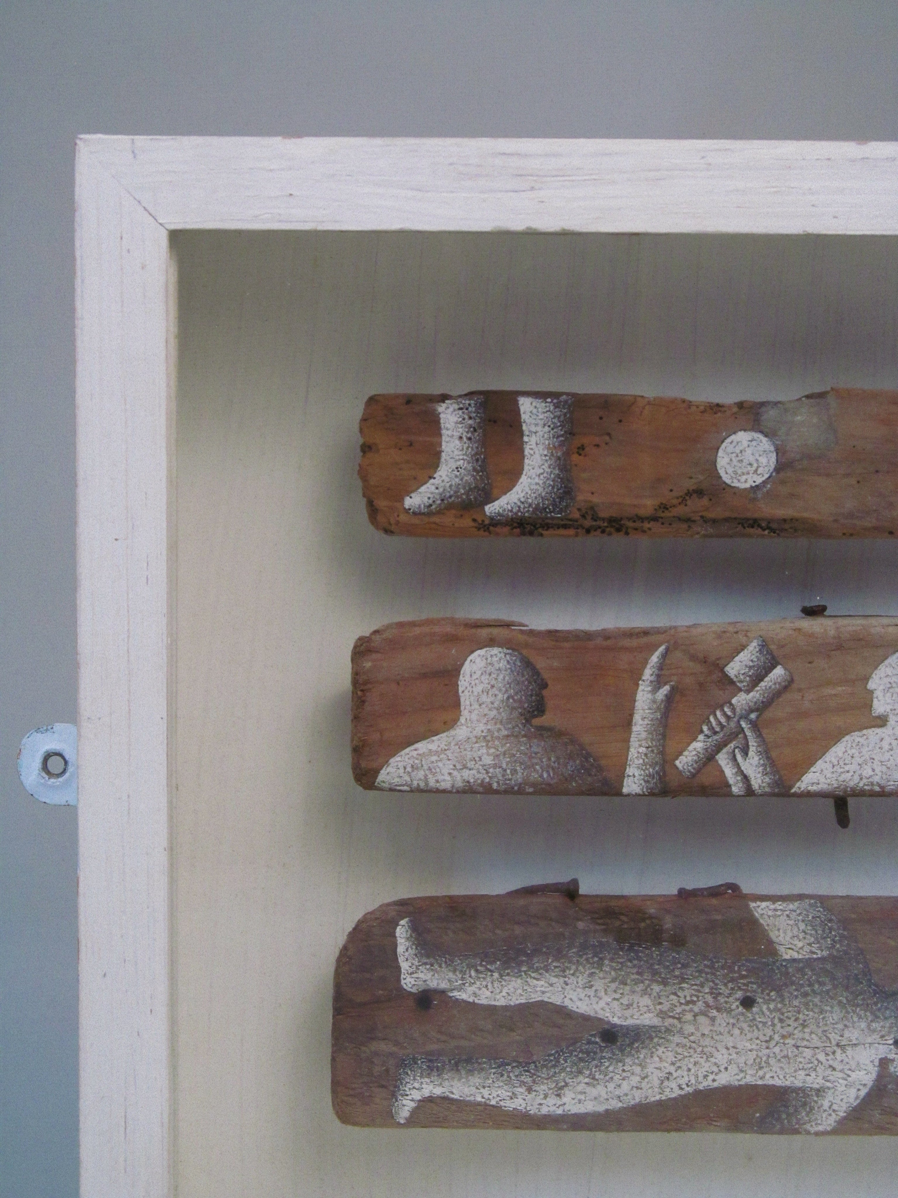 St Magnus Tales No. 17, 1992 - Matilda Tumim — side angle of wooden sculpture with detailed carvings