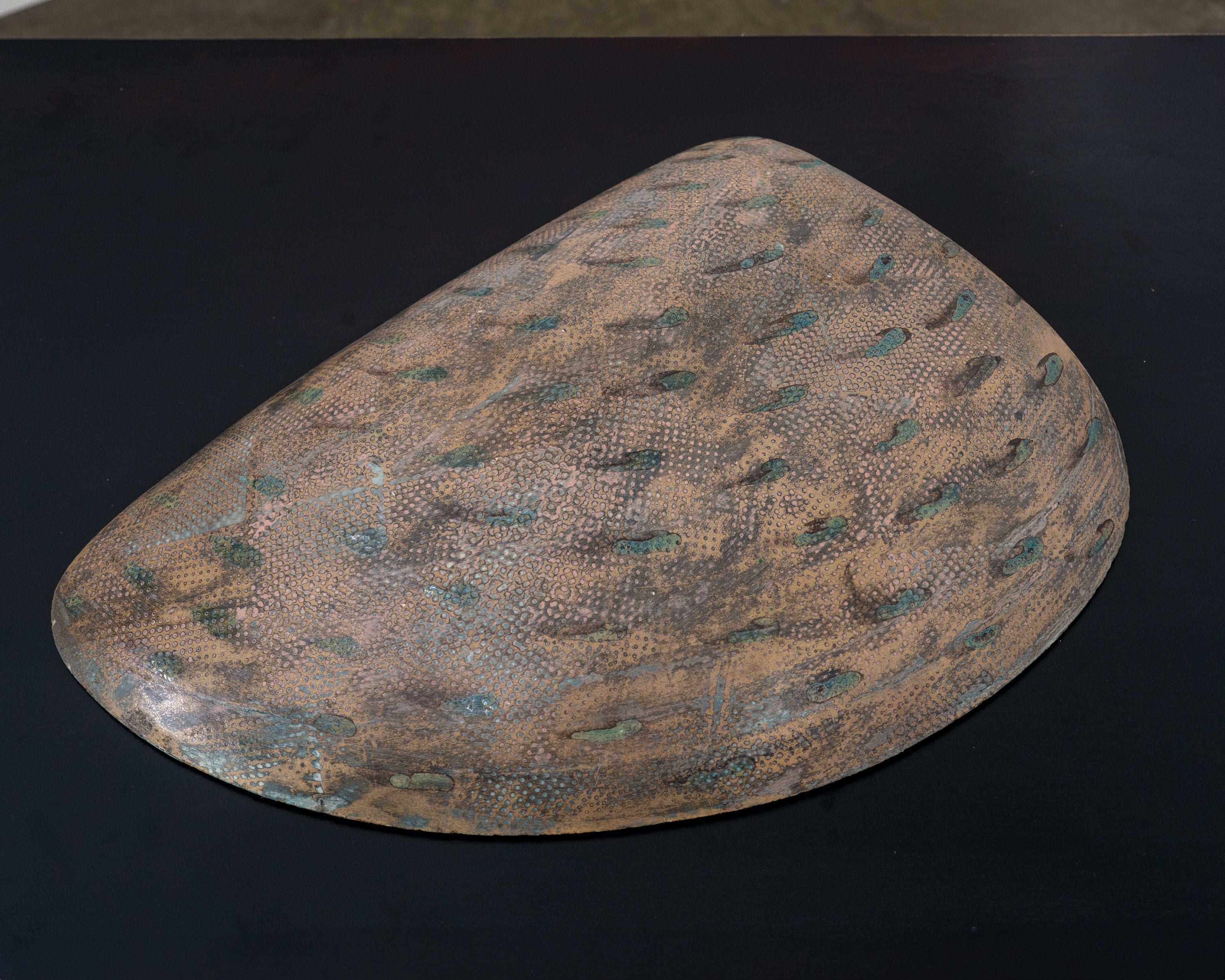 Large postmodern ceramic bowl with mottled earth-tone glazing