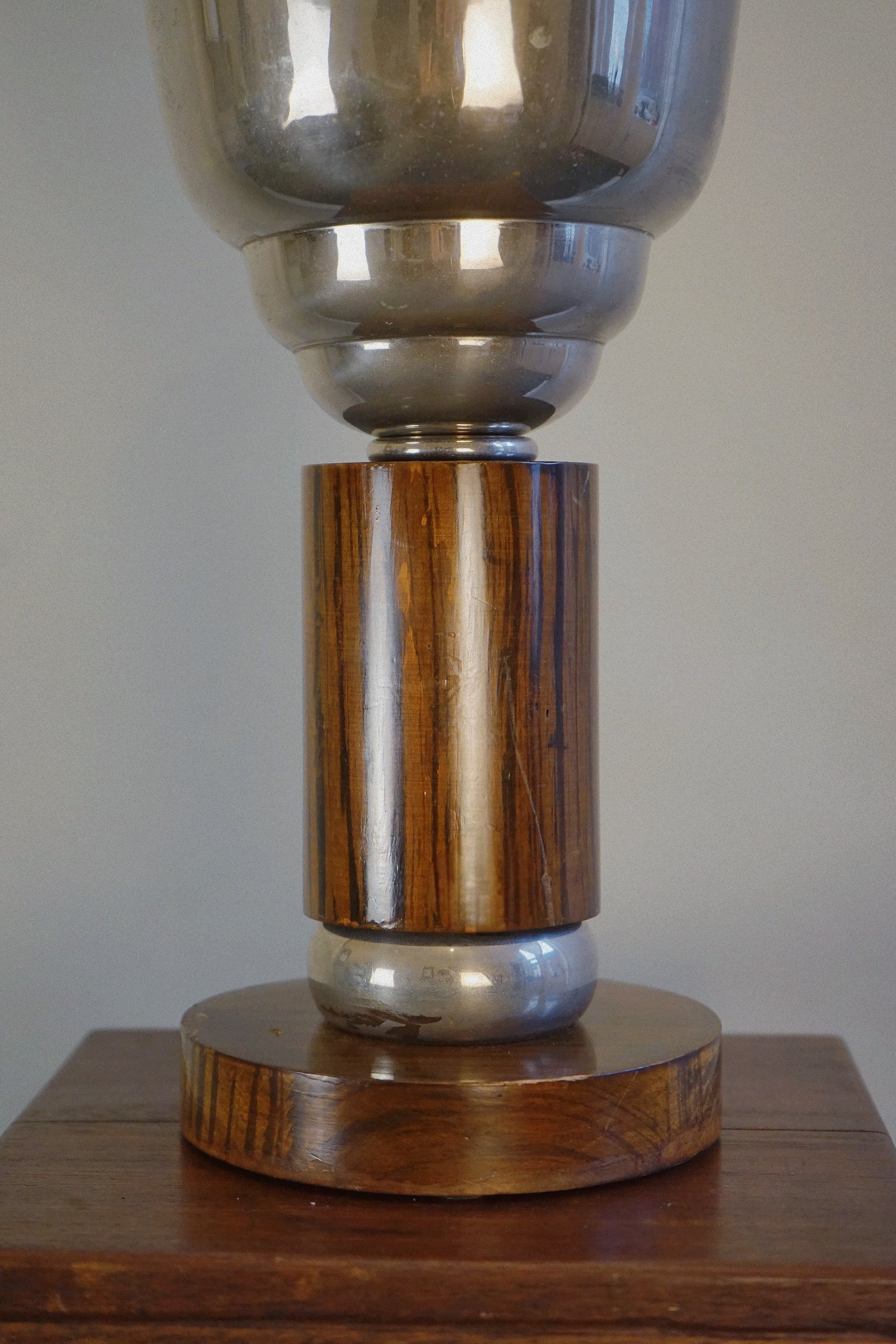 Art Deco Uplighter in Chrome and Wood, c.1930 — close-up of chrome and wood base