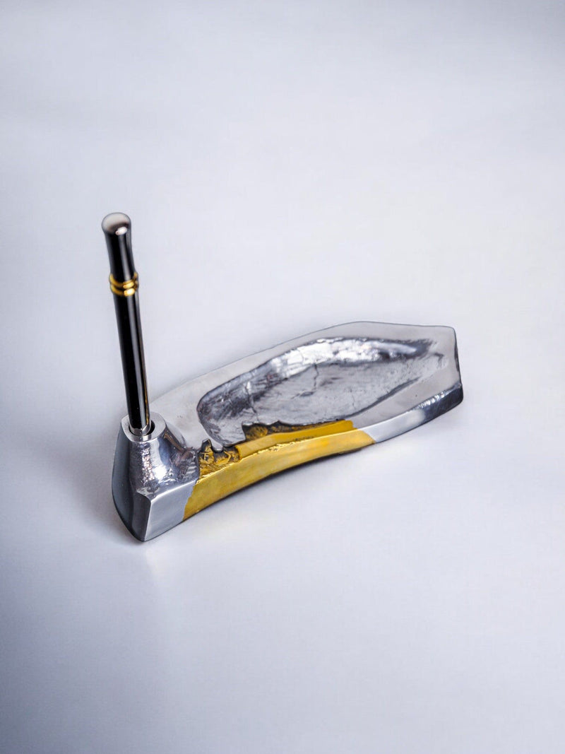 Brutalist Pencil Holder and Pen by Arte3, 1980s — close-up of metallic surface with pen