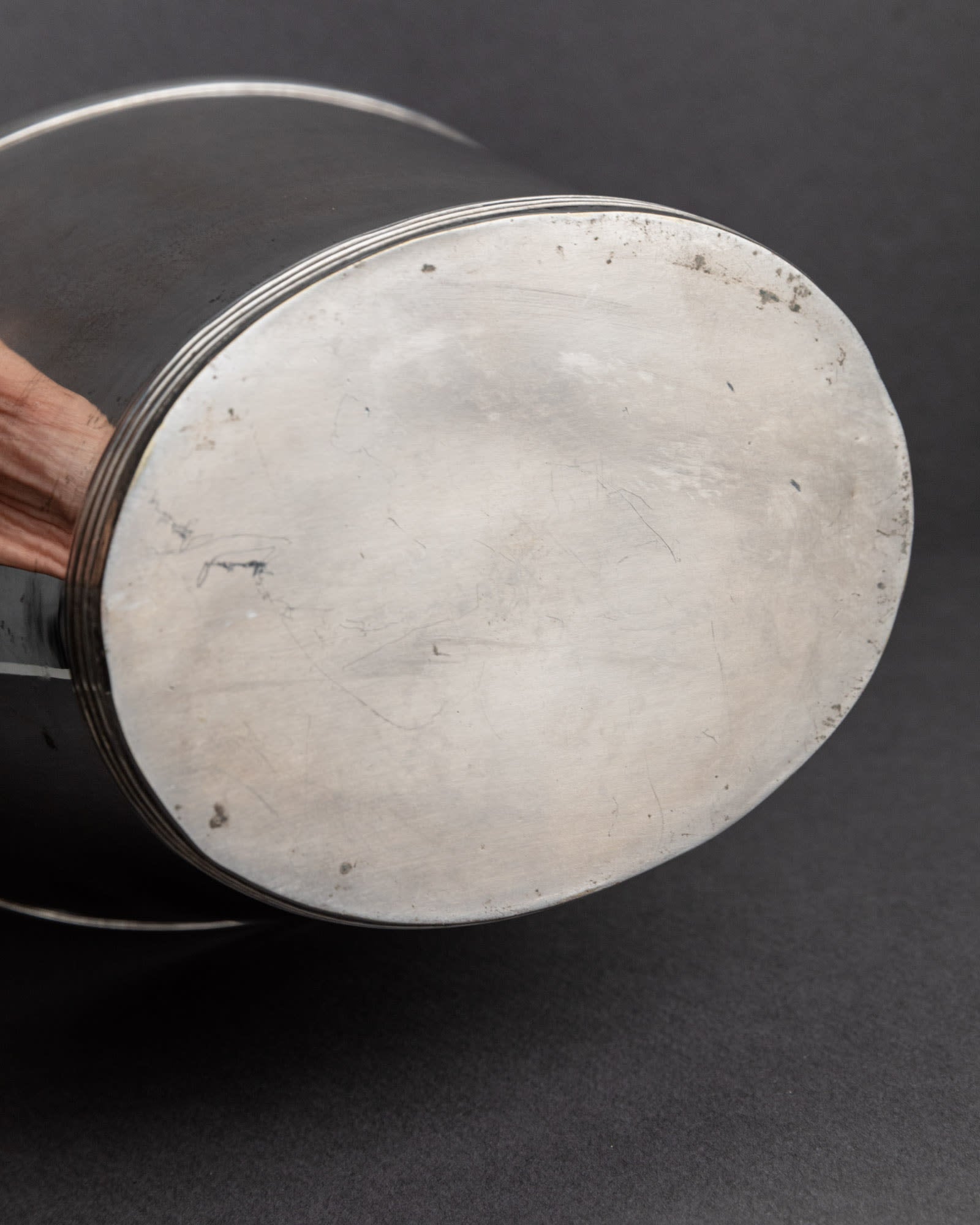 Vintage 1940s Silver Plated Champagne Cooler, Classic Form for Wine or Drinks — close-up of polished silver base with scratch