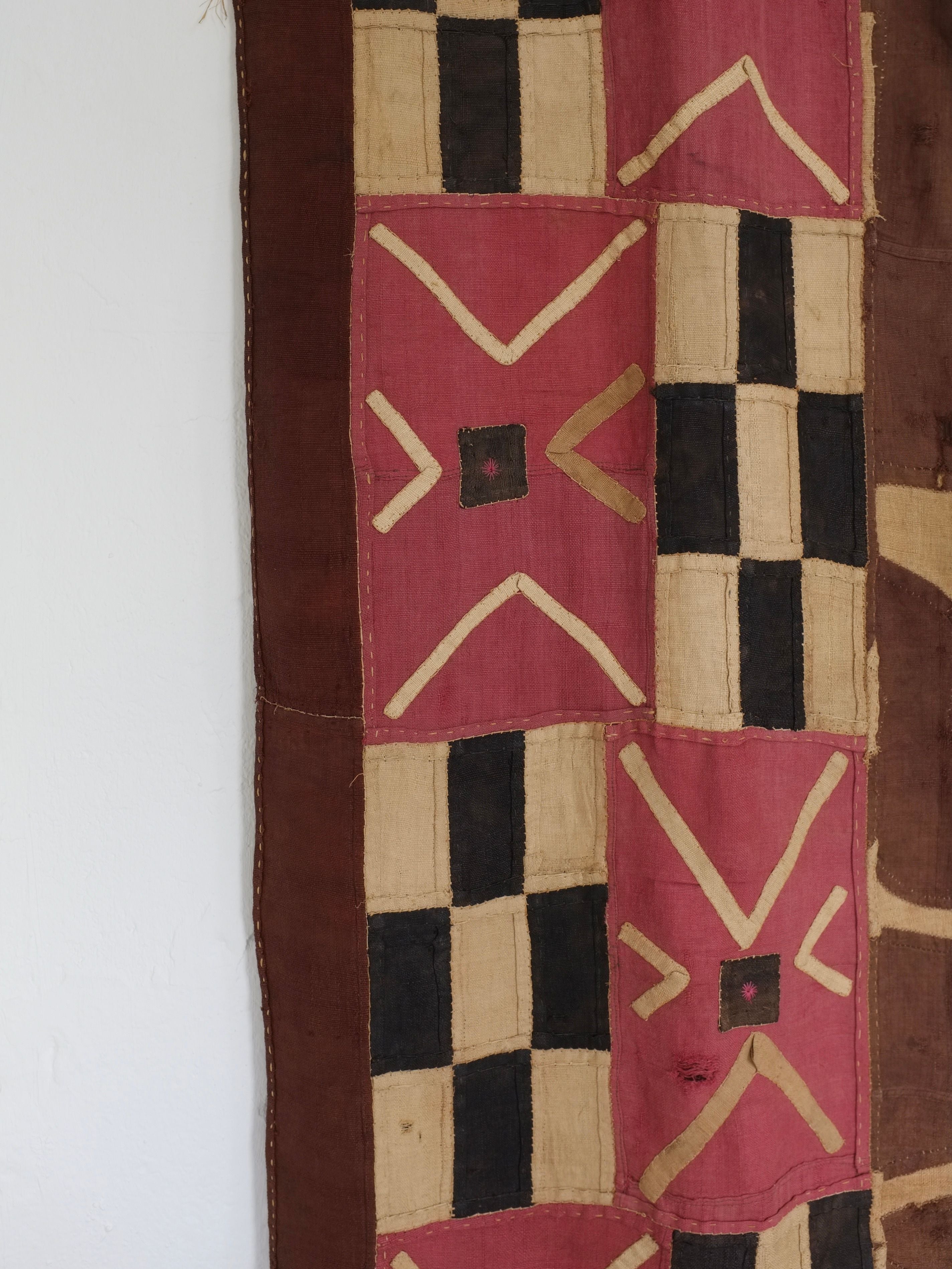 Checkered Textile Wall Hanging, Africa, Mid-Century — back view showing fabric patterns and colors